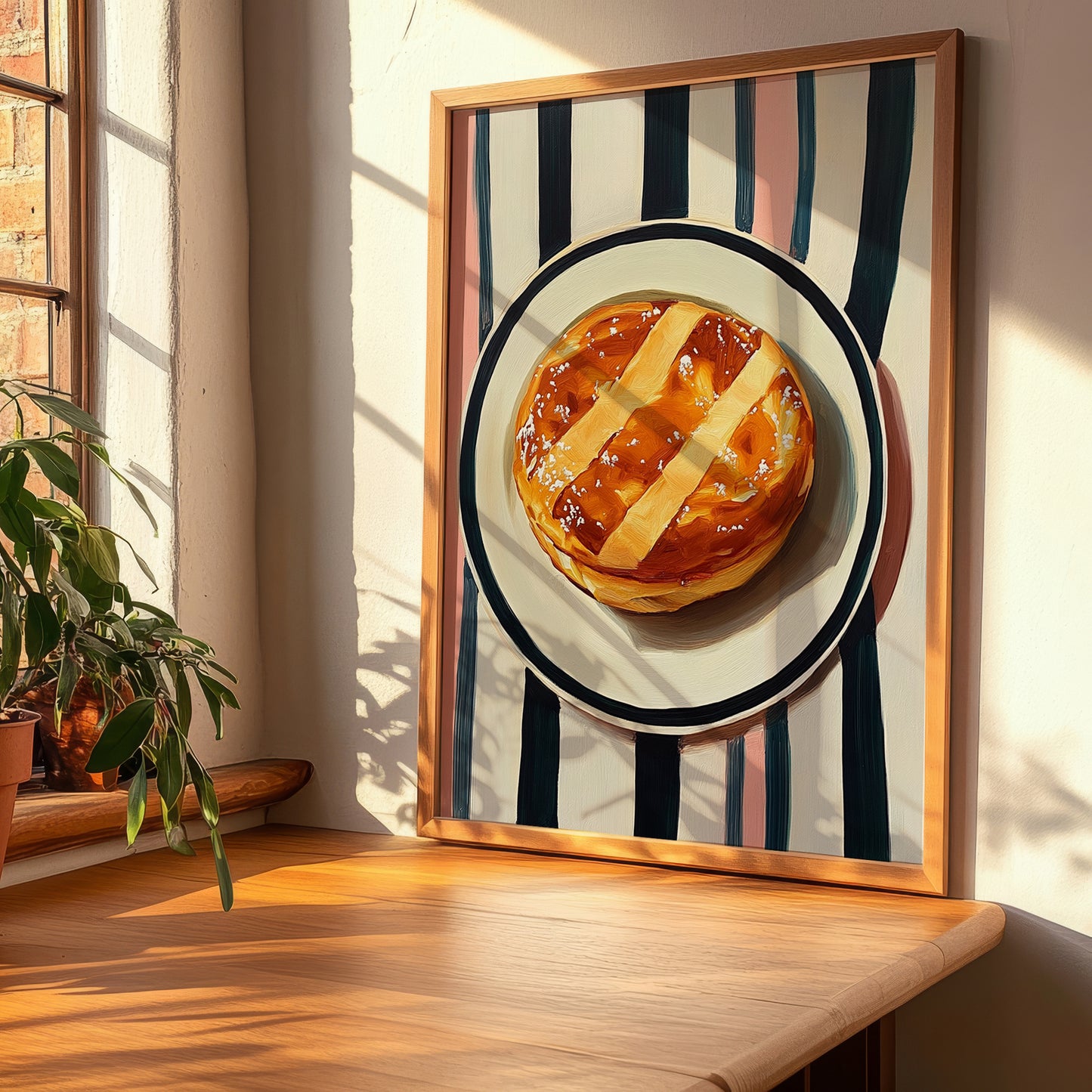 Galette Bretonne – on Striped Tablecloth, French Pastry Illustration, clean layout with no caption