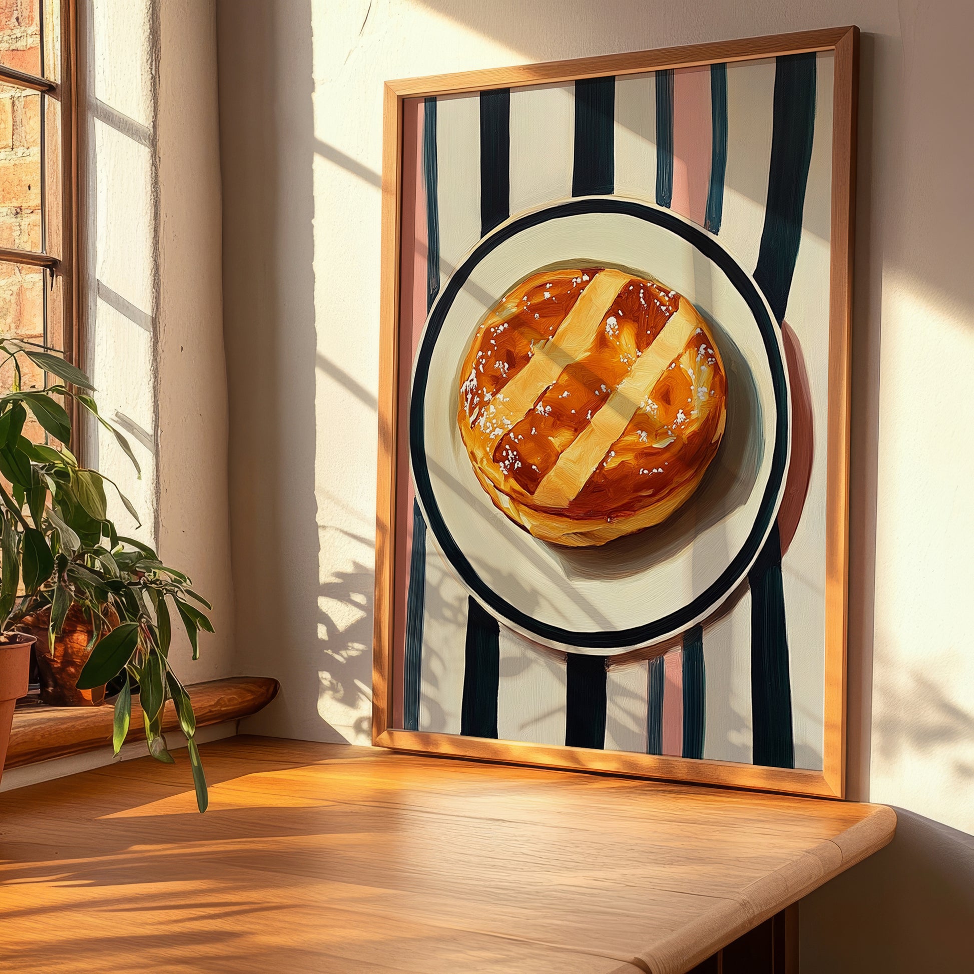 Galette Bretonne – on Striped Tablecloth, French Pastry Illustration, clean layout with no caption