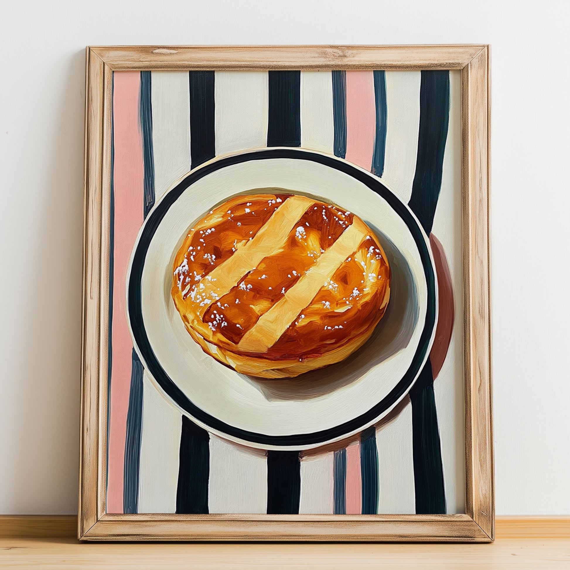 Galette Bretonne – on Striped Tablecloth, French Pastry Illustration, no-text version framed in wood