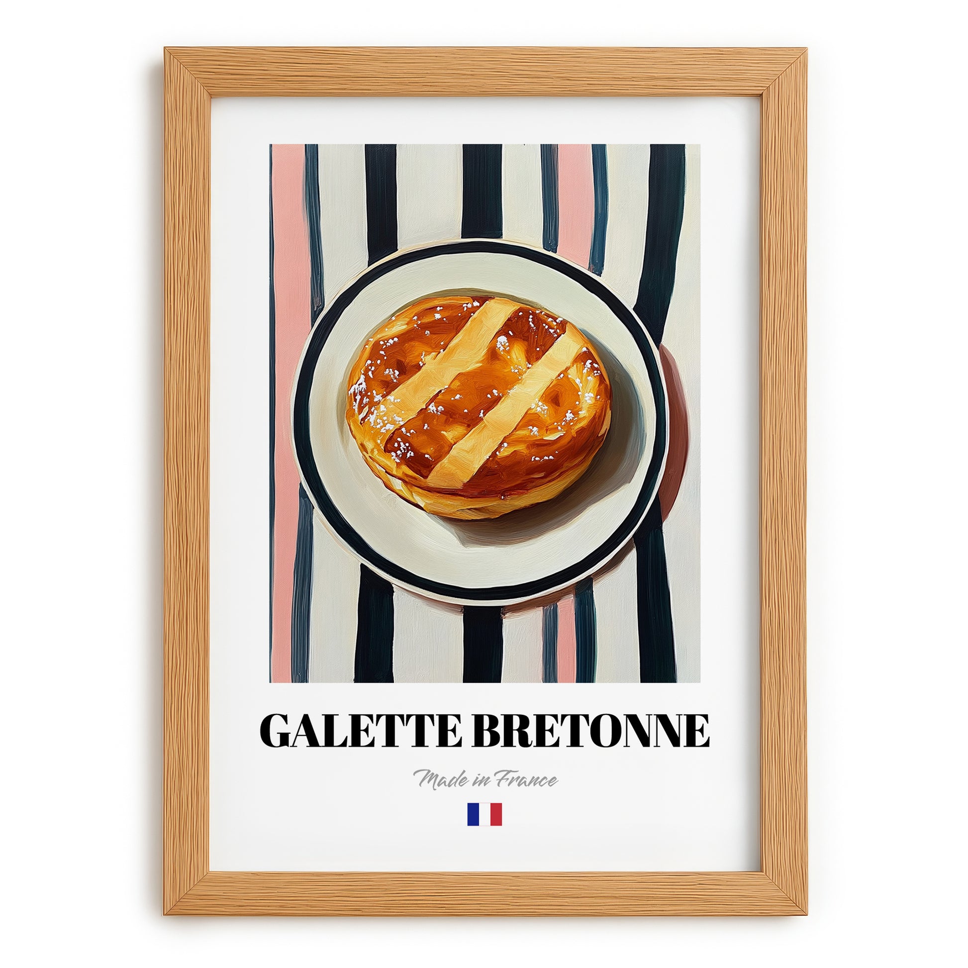 Galette Bretonne – on Striped Tablecloth, French Pastry Illustration, set in oak frame