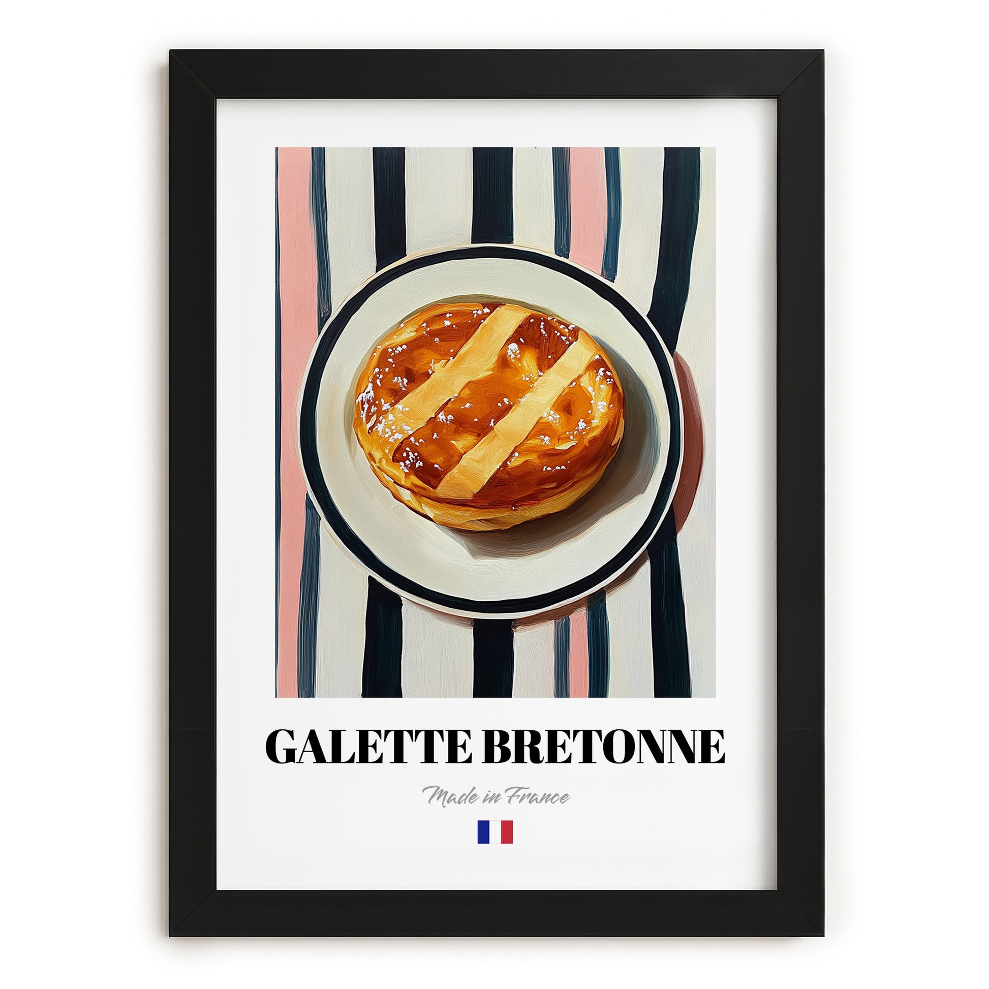 Galette Bretonne – on Striped Tablecloth, French Pastry Illustration, in sleek black frame