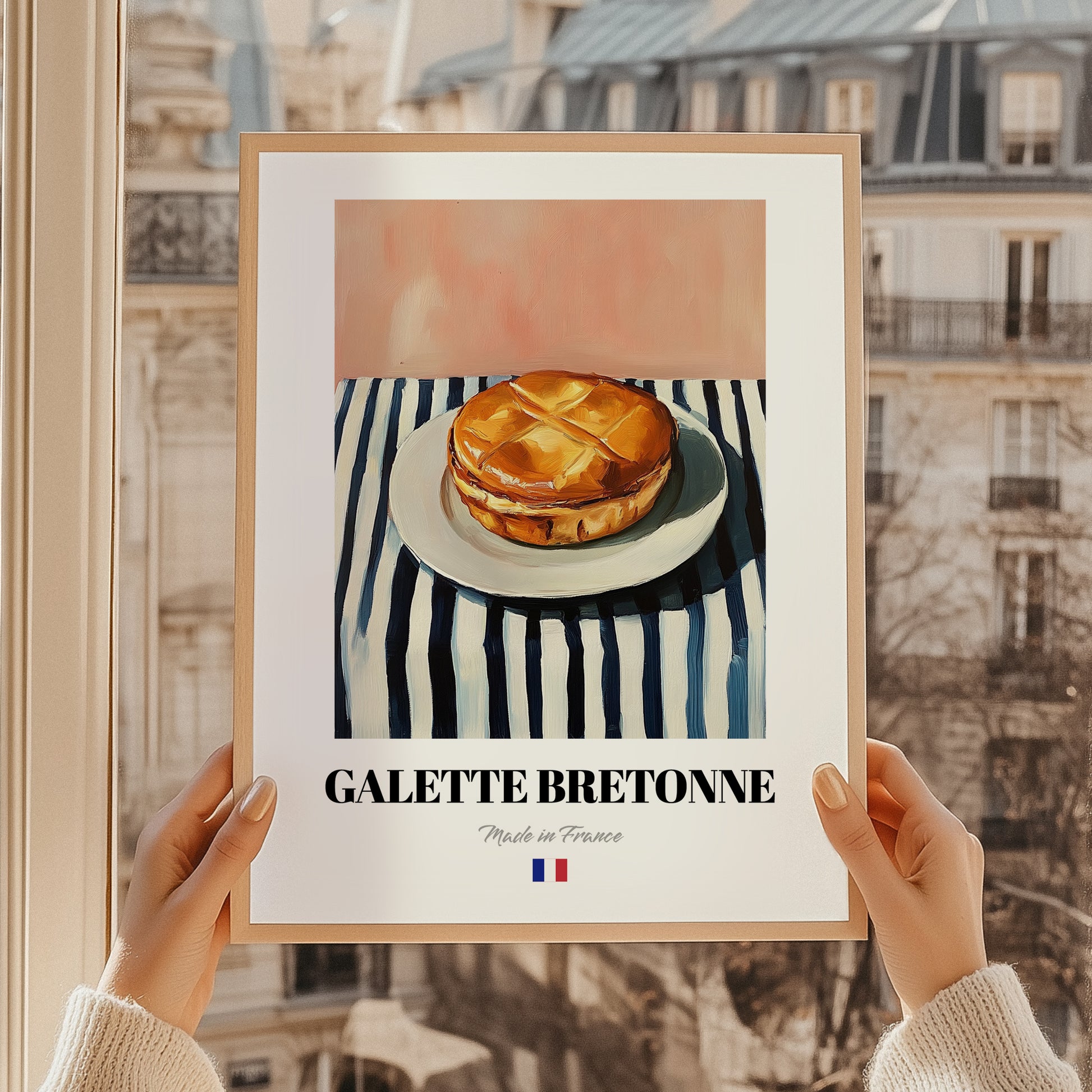 Galette Bretonne – on Striped Tablecloth, French Pastry Print, styled in a charming Paris street view