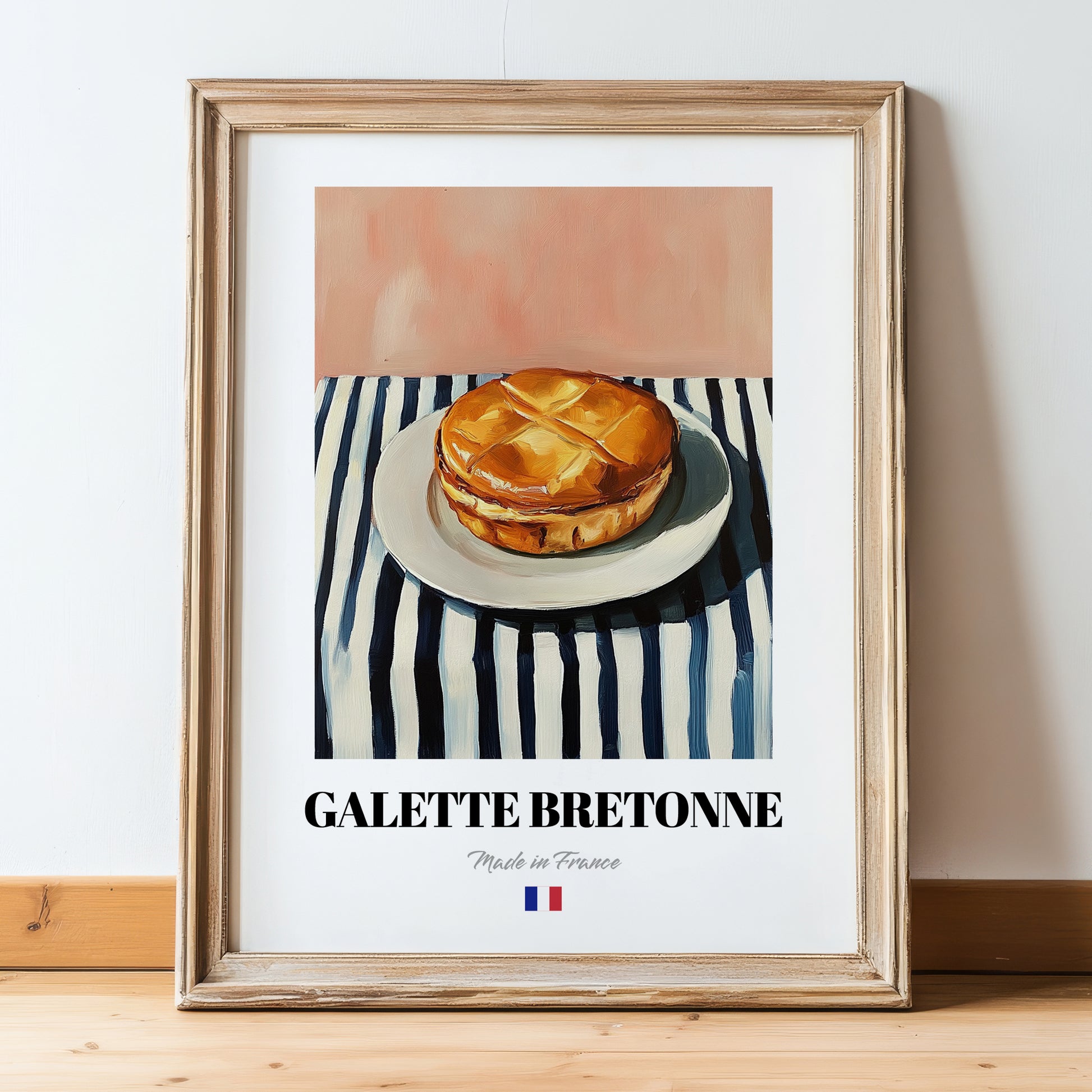 Galette Bretonne – on Striped Tablecloth, French Pastry Print, in wooden frame leaning on the floor