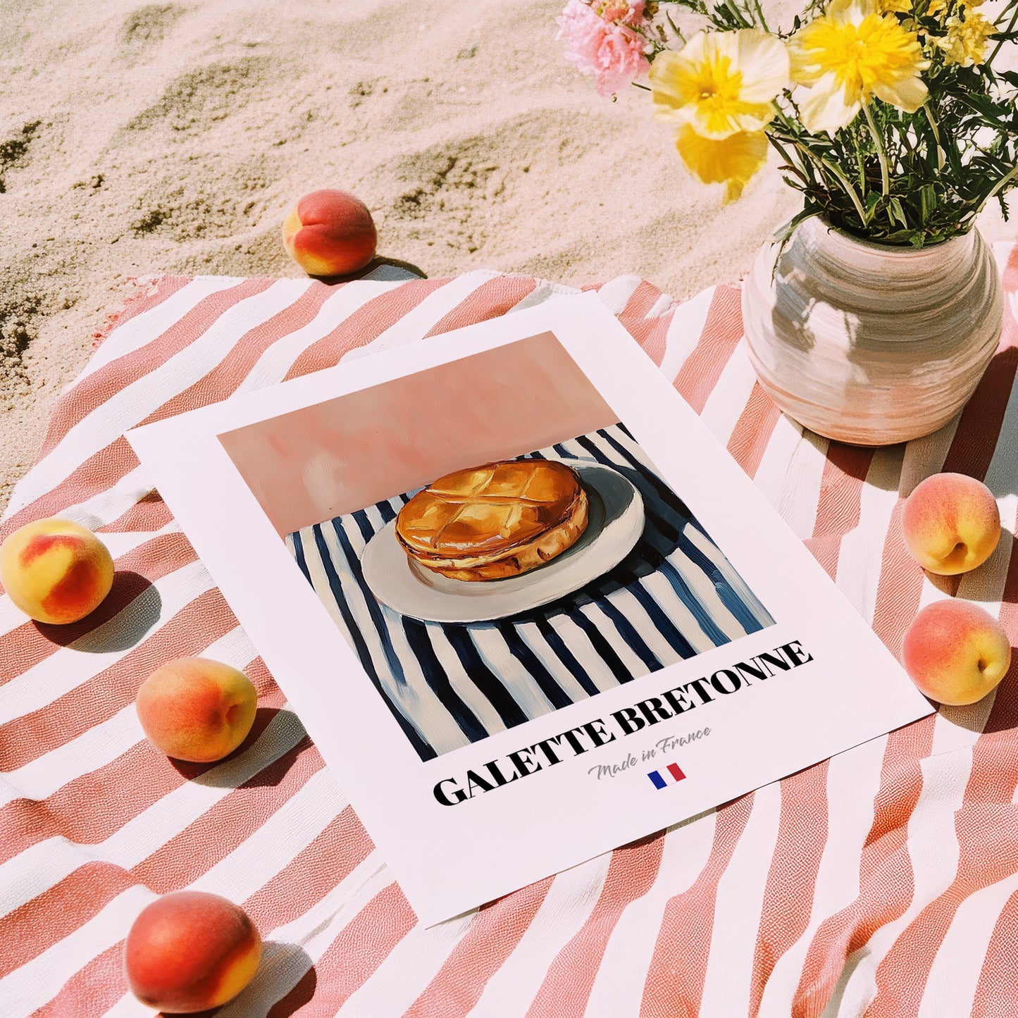 Galette Bretonne – on Striped Tablecloth, French Pastry Print, unframed on coastal sand
