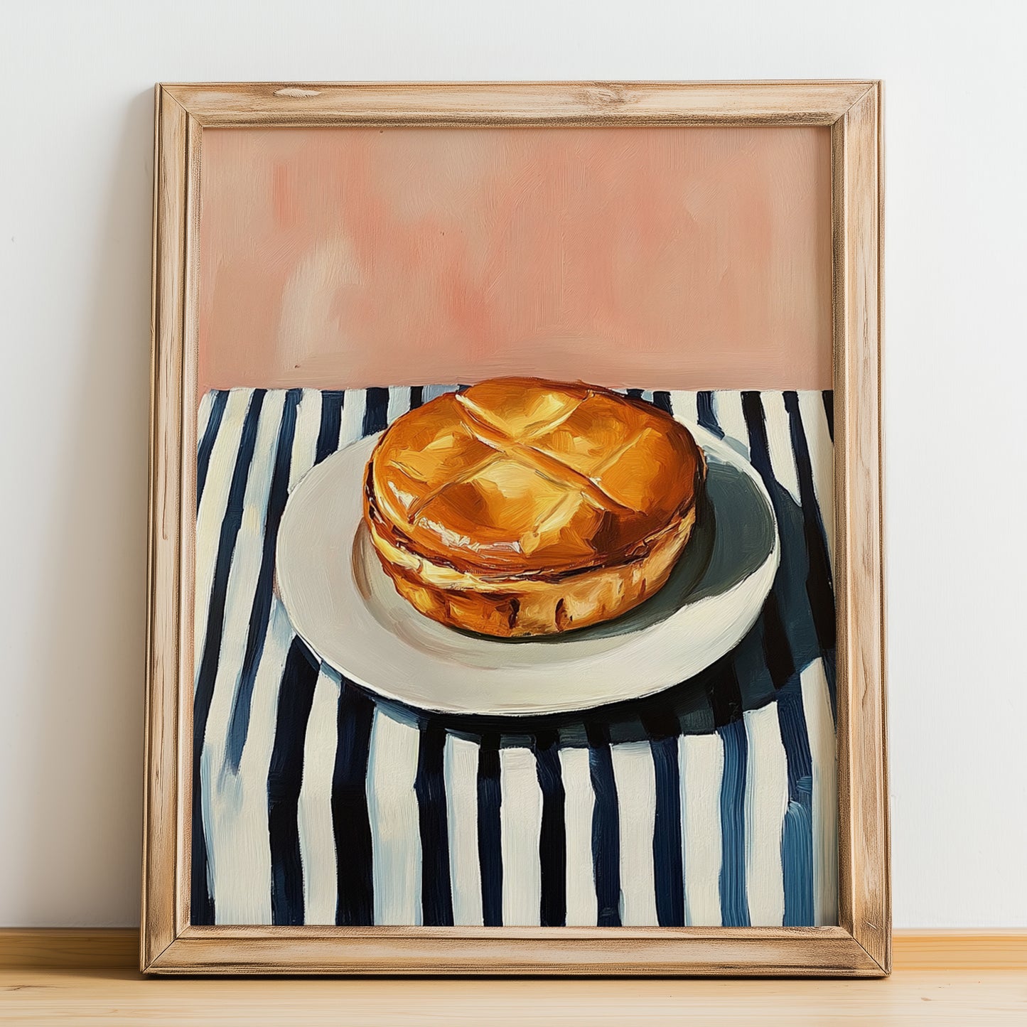 Galette Bretonne – on Striped Tablecloth, French Pastry Print, no-text version framed in wood