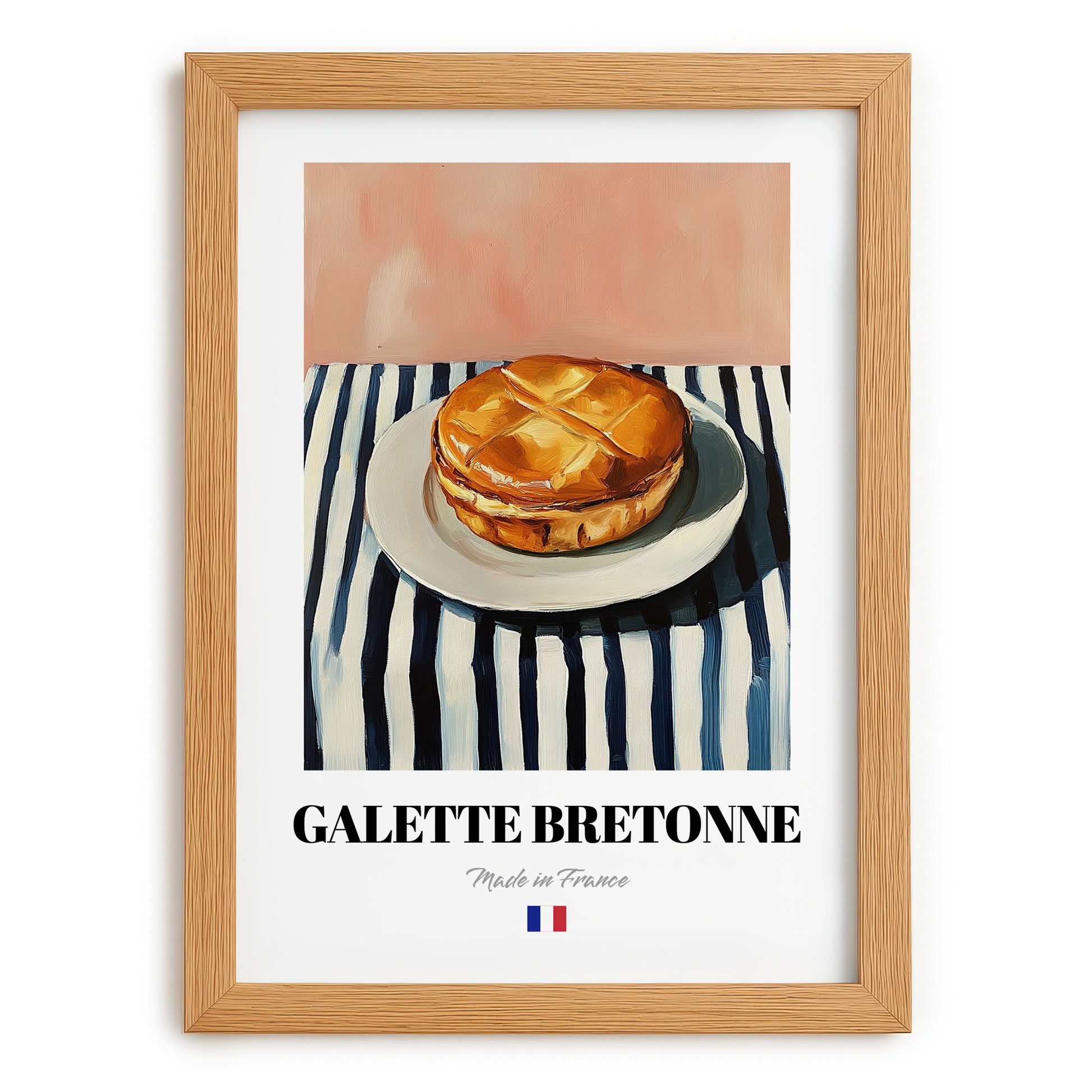 Galette Bretonne – on Striped Tablecloth, French Pastry Print, set in oak frame