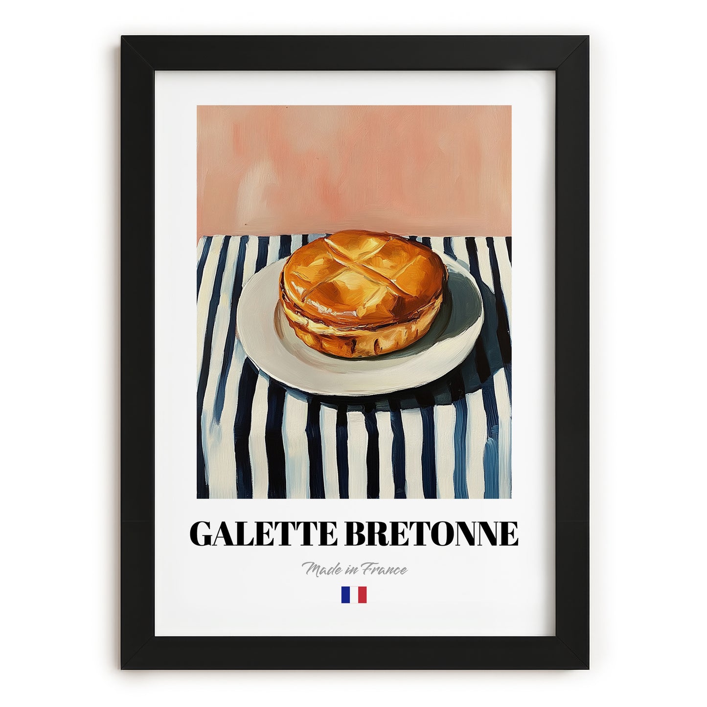 Galette Bretonne – on Striped Tablecloth, French Pastry Print, in sleek black frame
