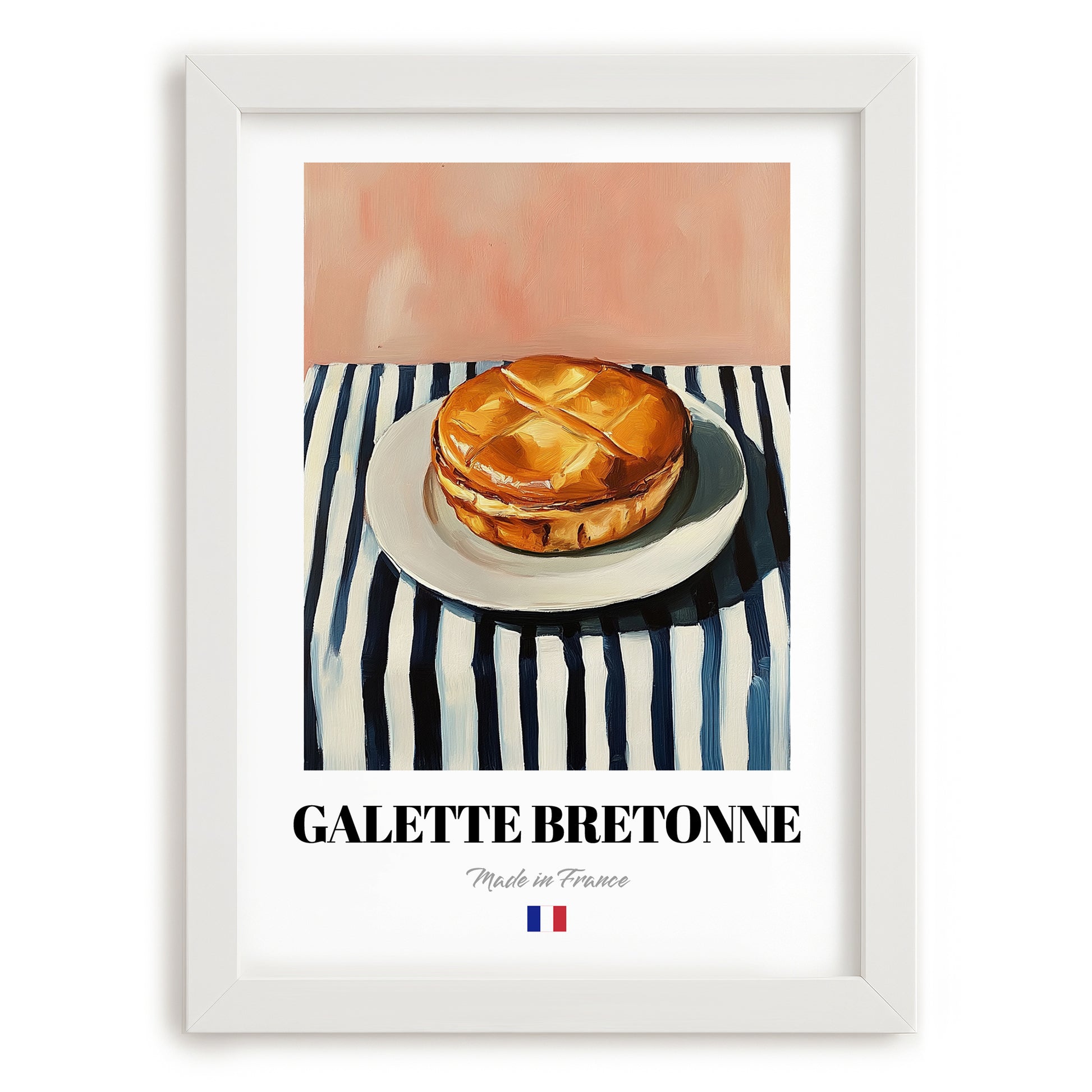 Galette Bretonne – on Striped Tablecloth, French Pastry Print, placed in minimal white frame