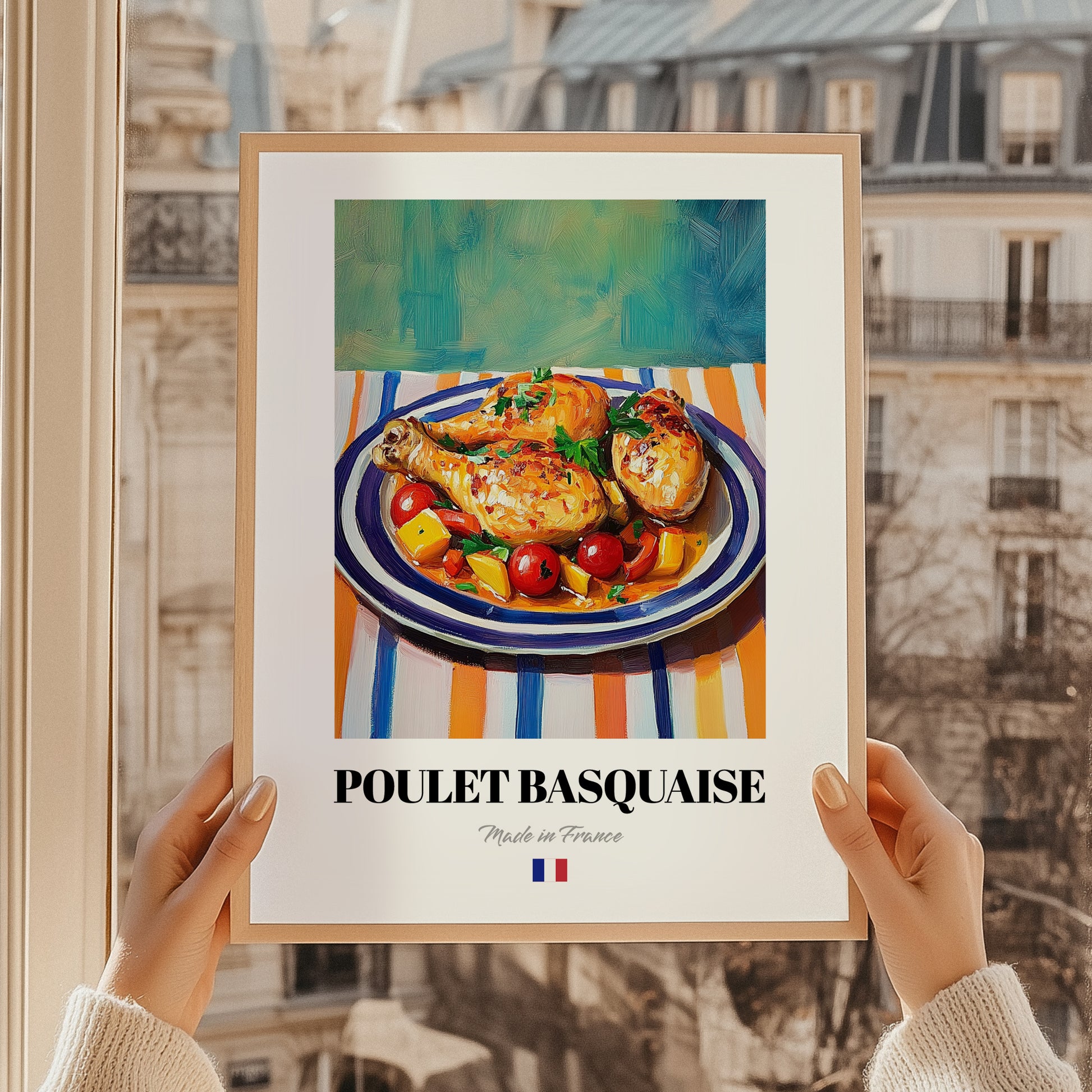 Poulet Basquaise – Oil Painting, French Food Wall Art, styled in a charming Paris street view