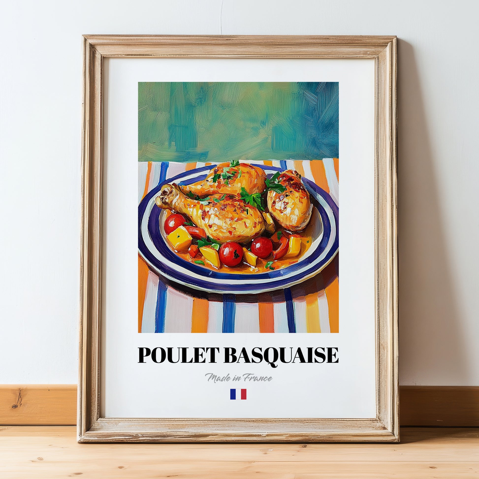 Poulet Basquaise – Oil Painting, French Food Wall Art, in wooden frame leaning on the floor