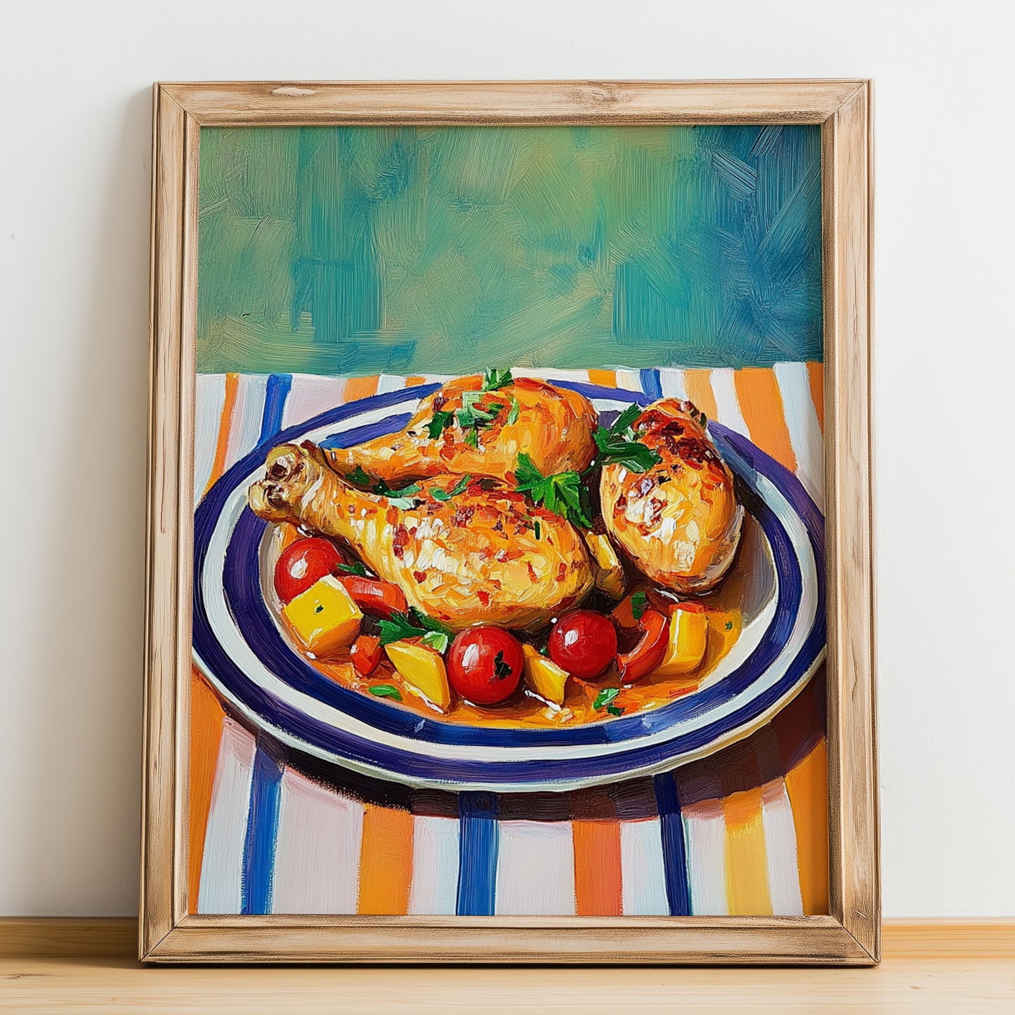 Poulet Basquaise – Oil Painting, French Food Wall Art, no-text version framed in wood