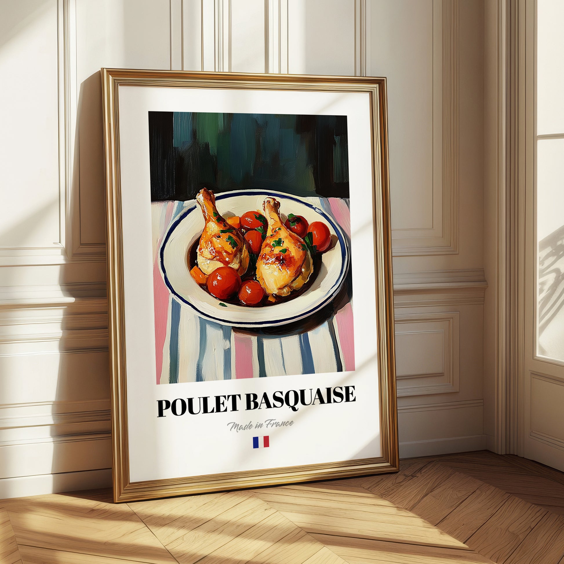 Poulet Basquaise – on Striped Tablecloth, French Food Painting