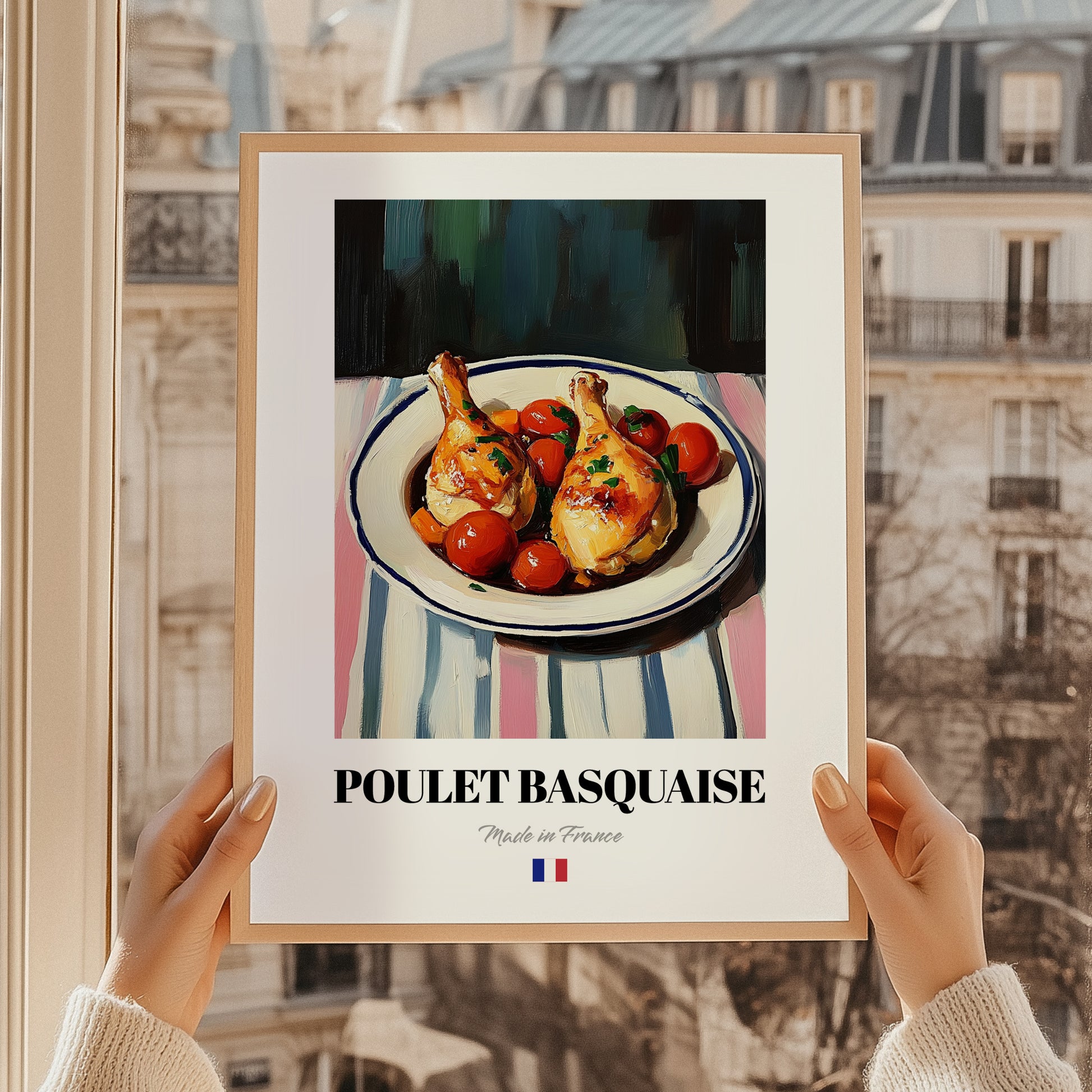 Poulet Basquaise – on Striped Tablecloth, French Food Painting, styled in a charming Paris street view