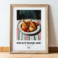 Poulet Basquaise – on Striped Tablecloth, French Food Painting, in wooden frame leaning on the floor