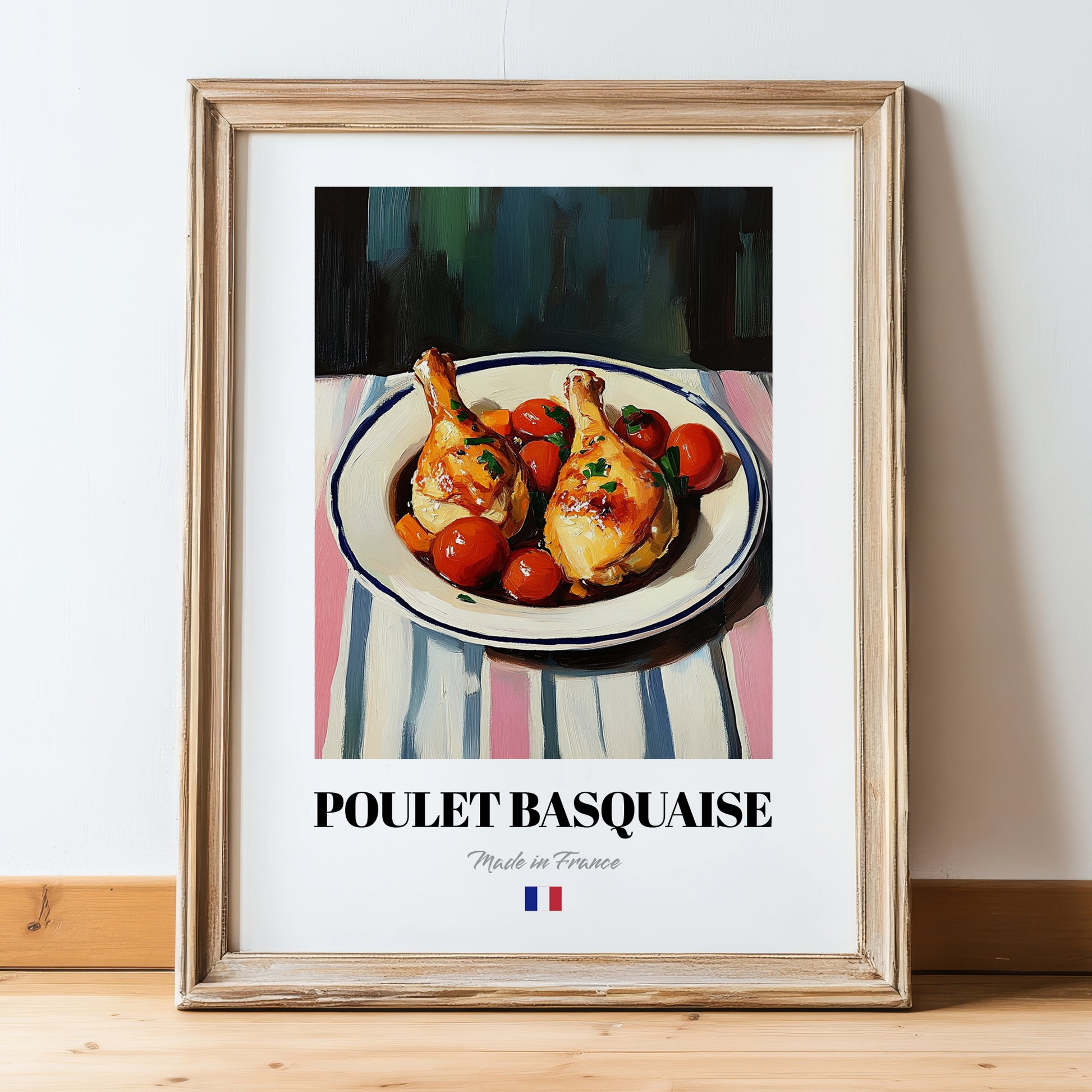 Poulet Basquaise – on Striped Tablecloth, French Food Painting, in wooden frame leaning on the floor