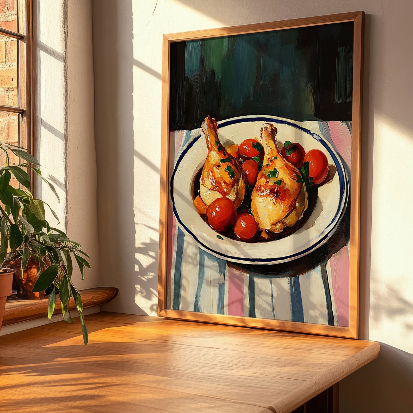 Poulet Basquaise – on Striped Tablecloth, French Food Painting, clean layout with no caption
