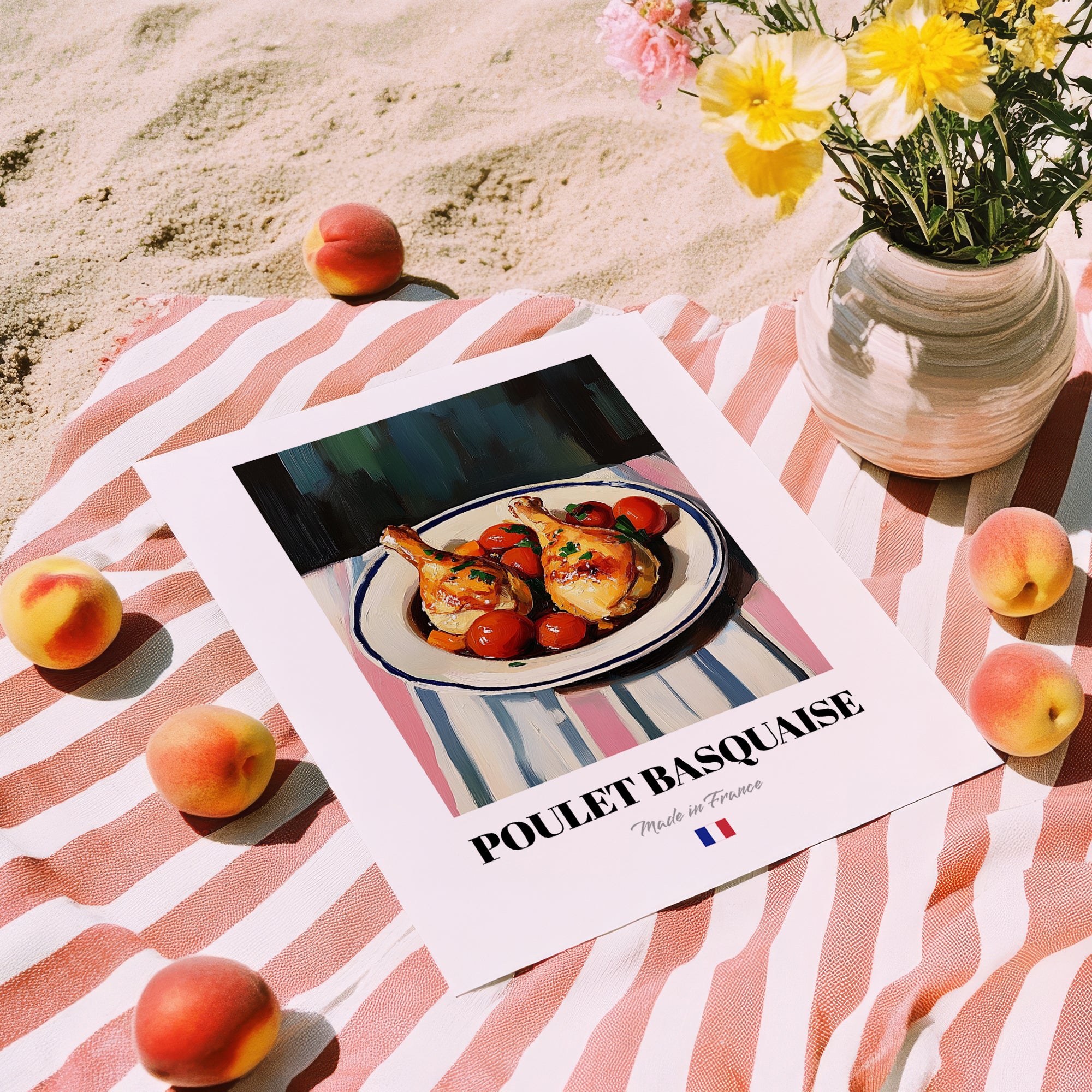 Poulet Basquaise – on Striped Tablecloth, French Food Painting, unframed on coastal sand