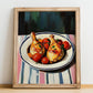 Poulet Basquaise – on Striped Tablecloth, French Food Painting, no-text version framed in wood