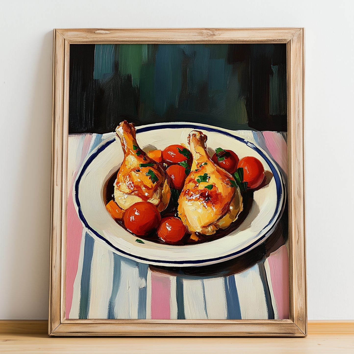 Poulet Basquaise – on Striped Tablecloth, French Food Painting, no-text version framed in wood