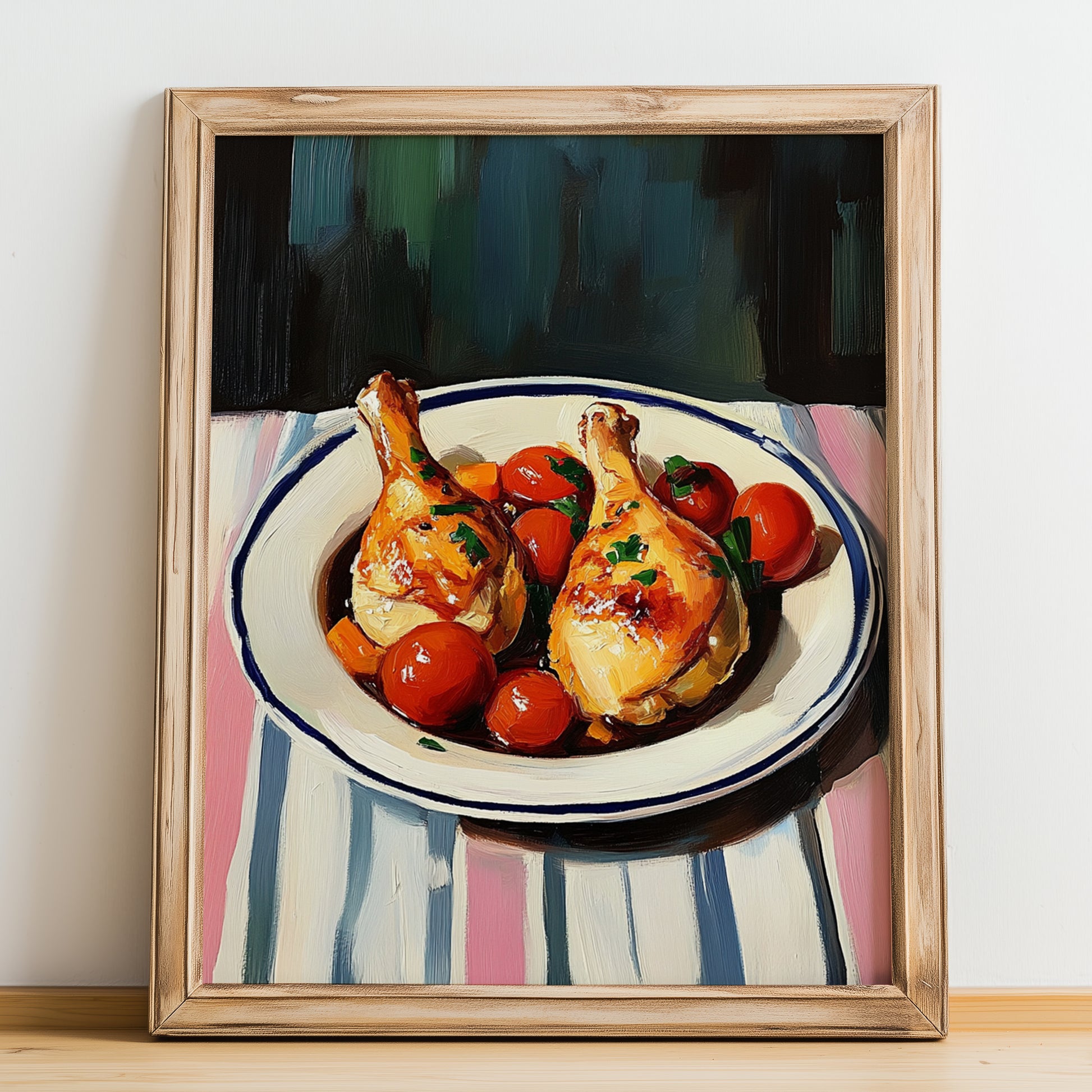Poulet Basquaise – on Striped Tablecloth, French Food Painting, no-text version framed in wood