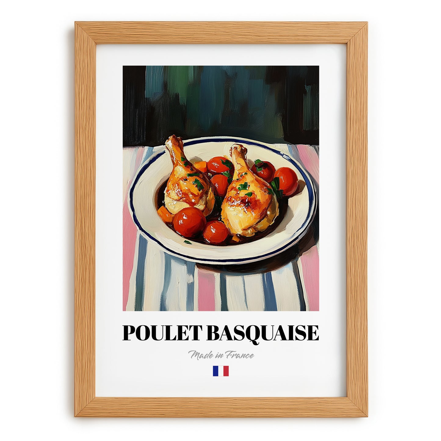 Poulet Basquaise – on Striped Tablecloth, French Food Painting, set in oak frame