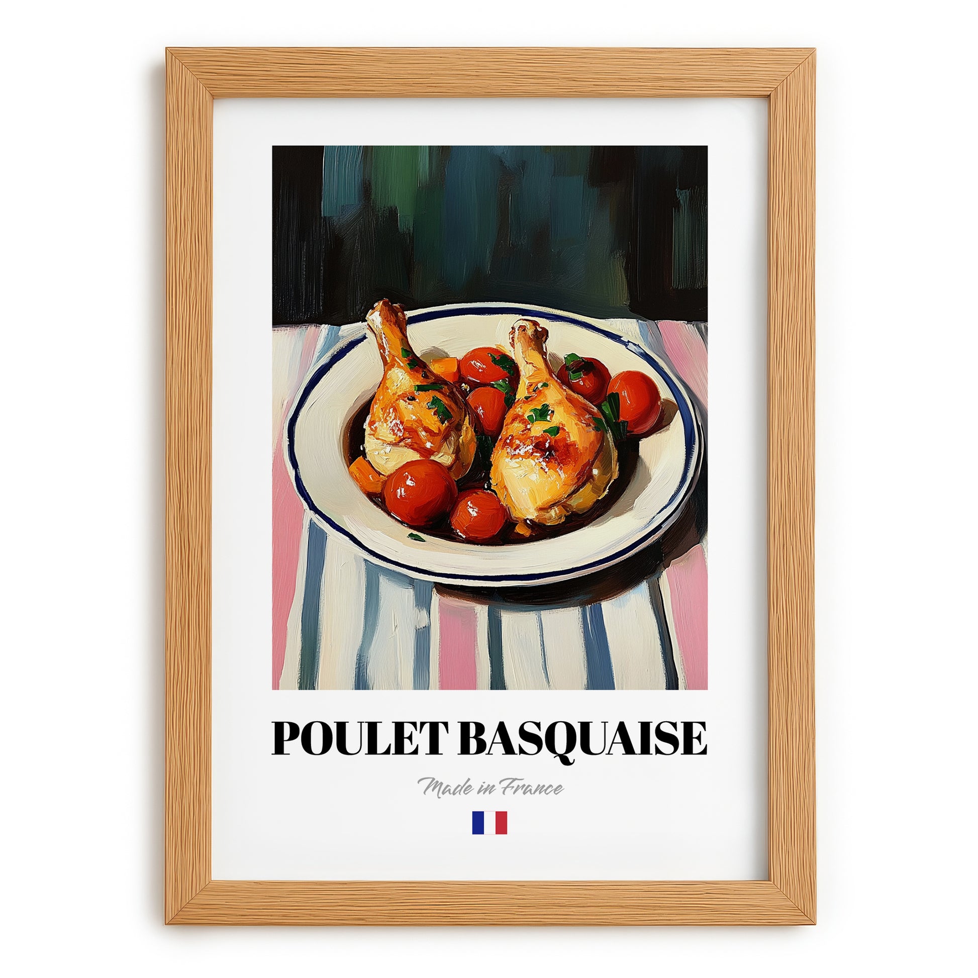 Poulet Basquaise – on Striped Tablecloth, French Food Painting, set in oak frame