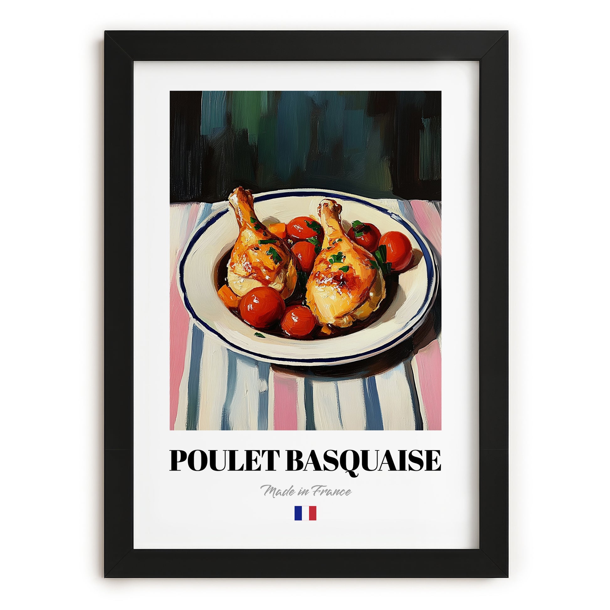 Poulet Basquaise – on Striped Tablecloth, French Food Painting, in sleek black frame