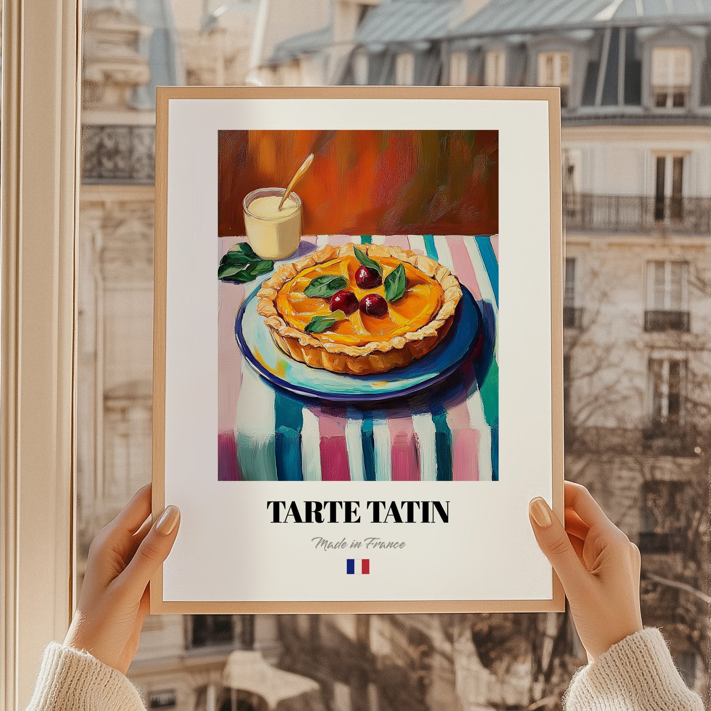 Tarte Tatin – Colorful Oil Painting, French French Dessert Still Life, styled in a charming Paris street view