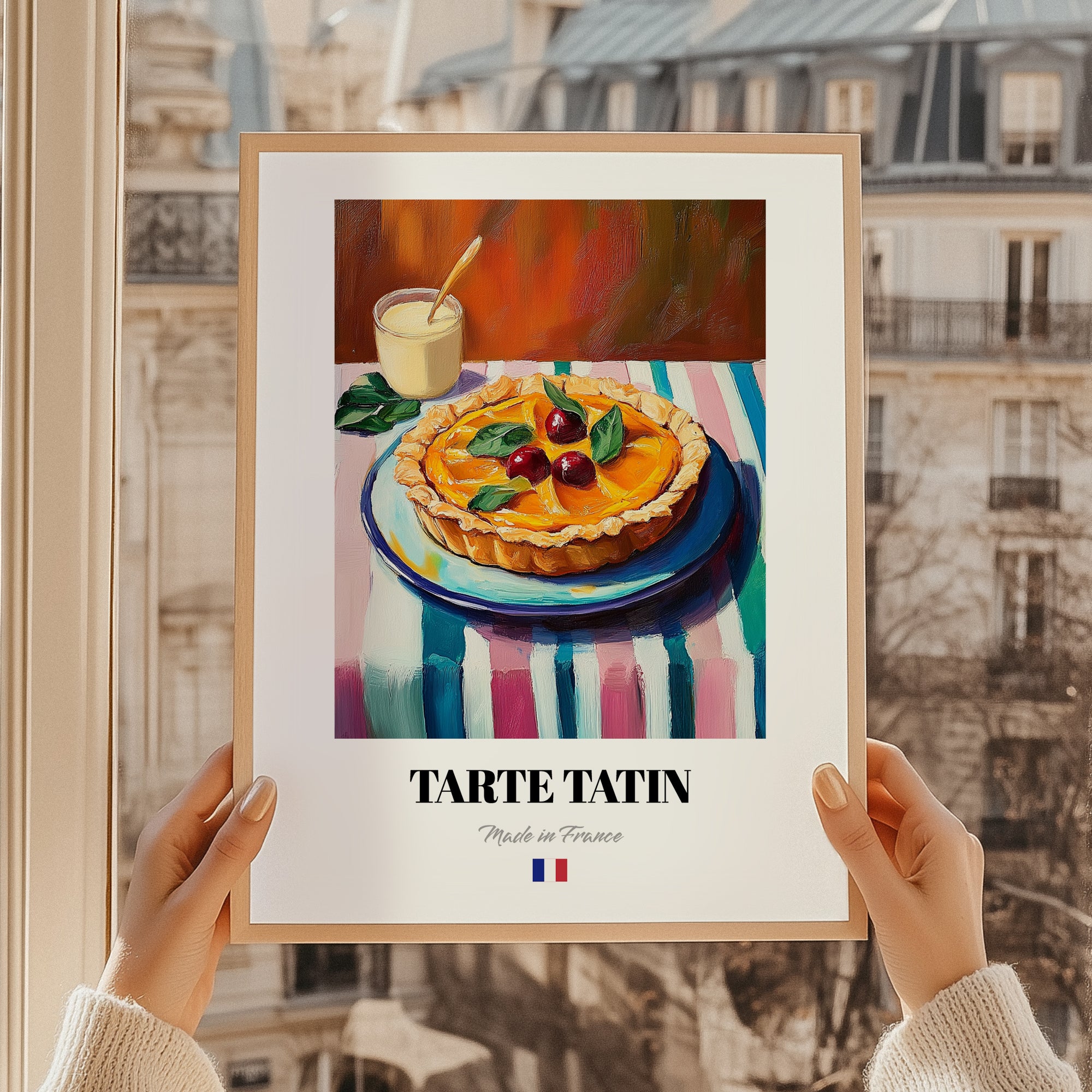 Tarte Tatin – Colorful Oil Painting, French French Dessert Still Life, styled in a charming Paris street view