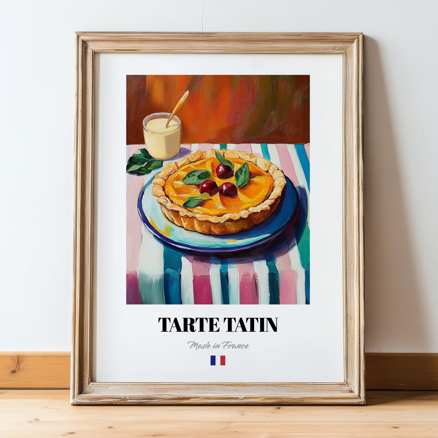 Tarte Tatin – Colorful Oil Painting, French French Dessert Still Life, in wooden frame leaning on the floor