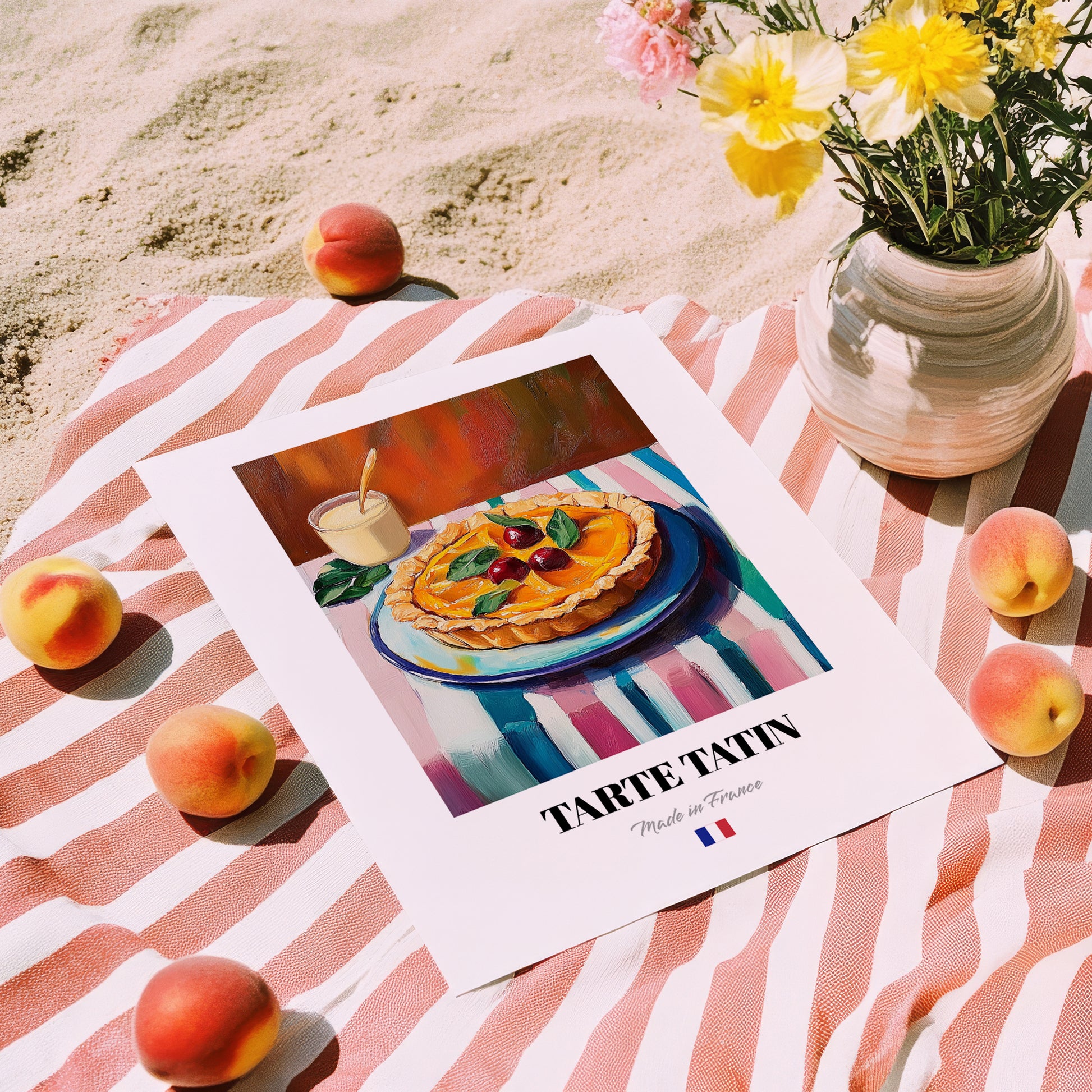 Tarte Tatin – Colorful Oil Painting, French French Dessert Still Life, unframed on coastal sand