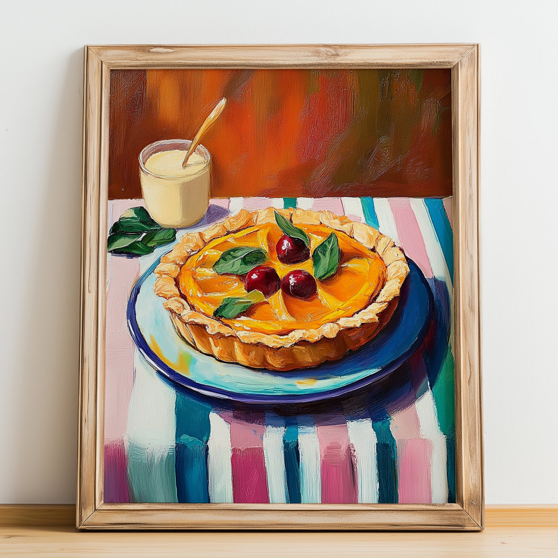 Tarte Tatin – Colorful Oil Painting, French French Dessert Still Life, no-text version framed in wood