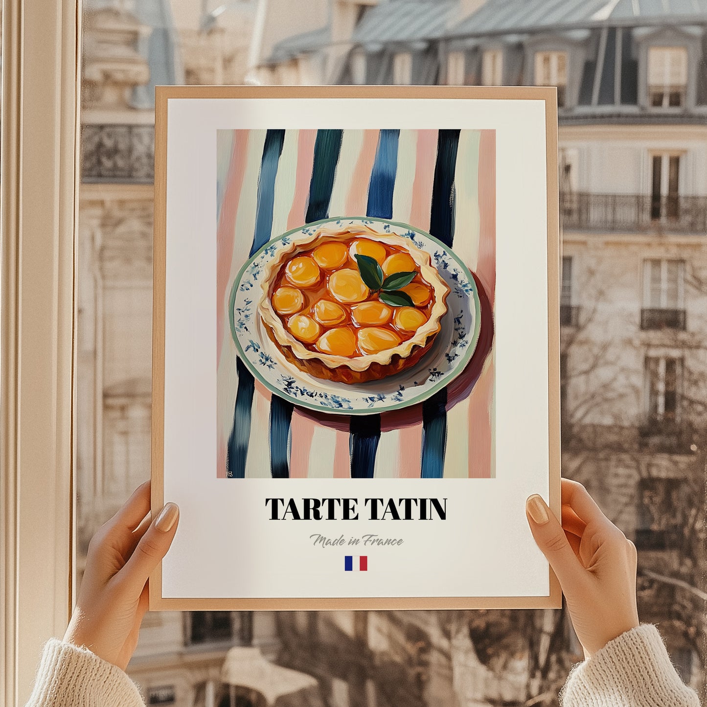 Tarte Tatin – on Striped Tablecloth, French French Dessert Poster, styled in a charming Paris street view