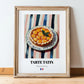 Tarte Tatin – on Striped Tablecloth, French French Dessert Poster, in wooden frame leaning on the floor