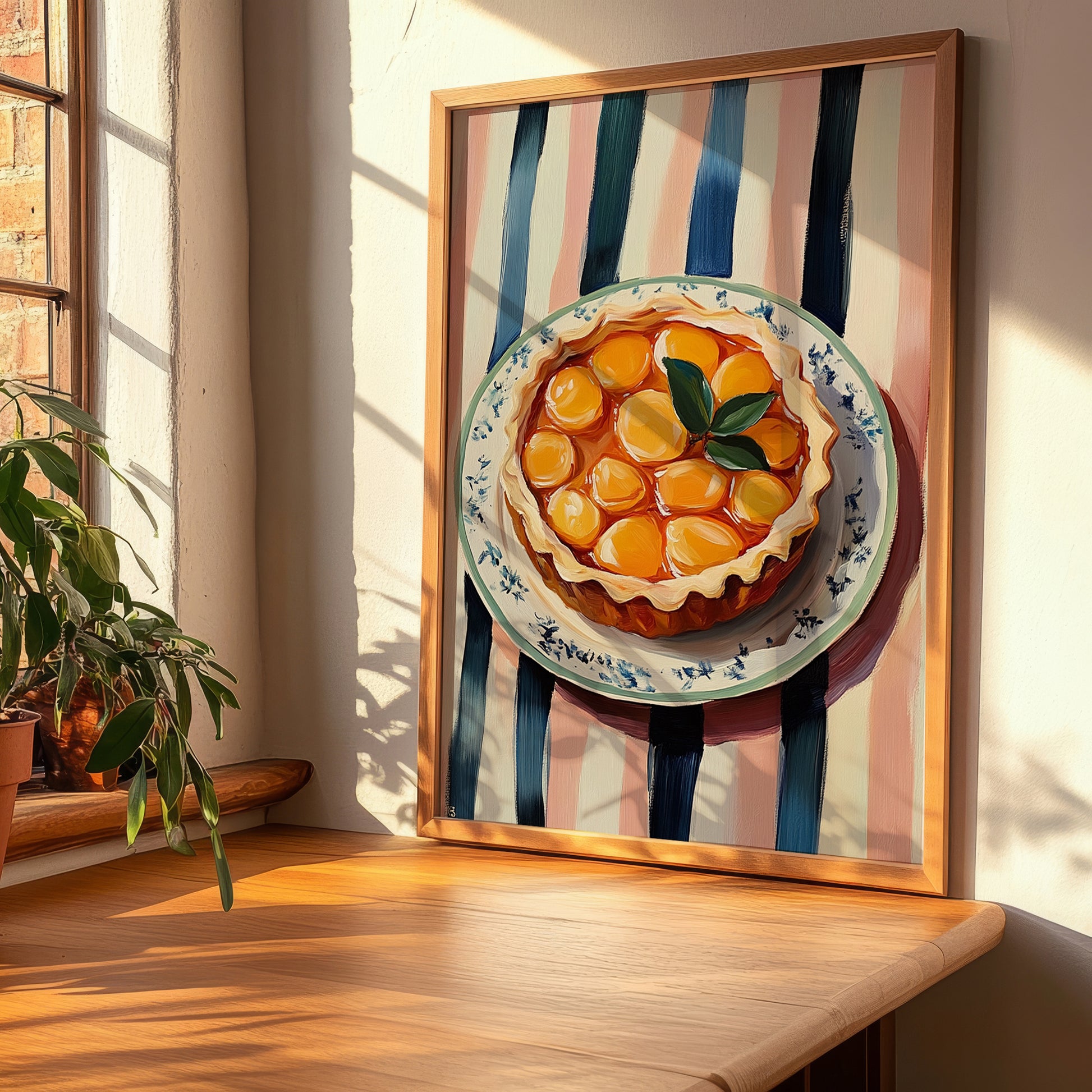 Tarte Tatin – on Striped Tablecloth, French French Dessert Poster, clean layout with no caption