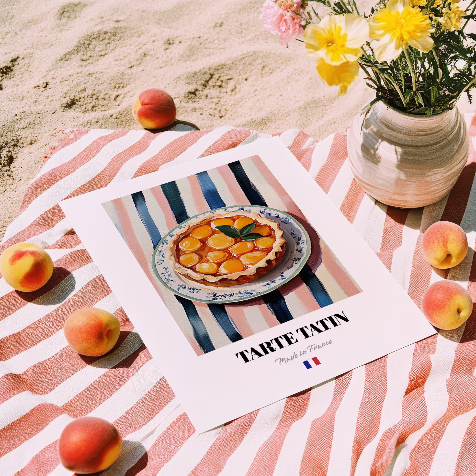 Tarte Tatin – on Striped Tablecloth, French French Dessert Poster, unframed on coastal sand
