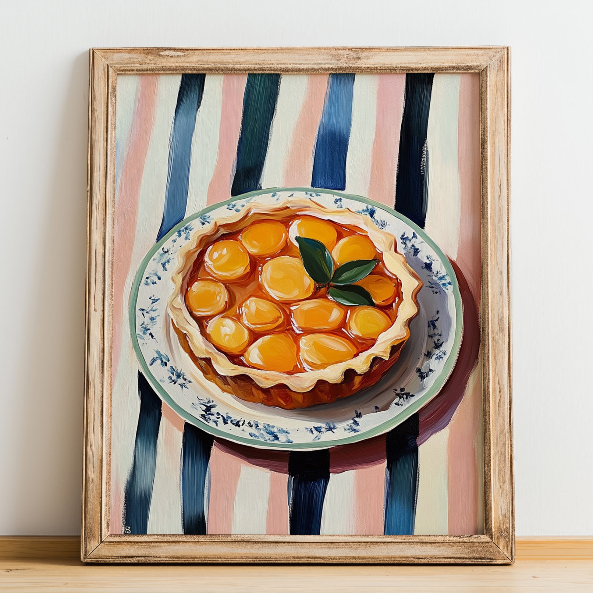 Tarte Tatin – on Striped Tablecloth, French French Dessert Poster, no-text version framed in wood