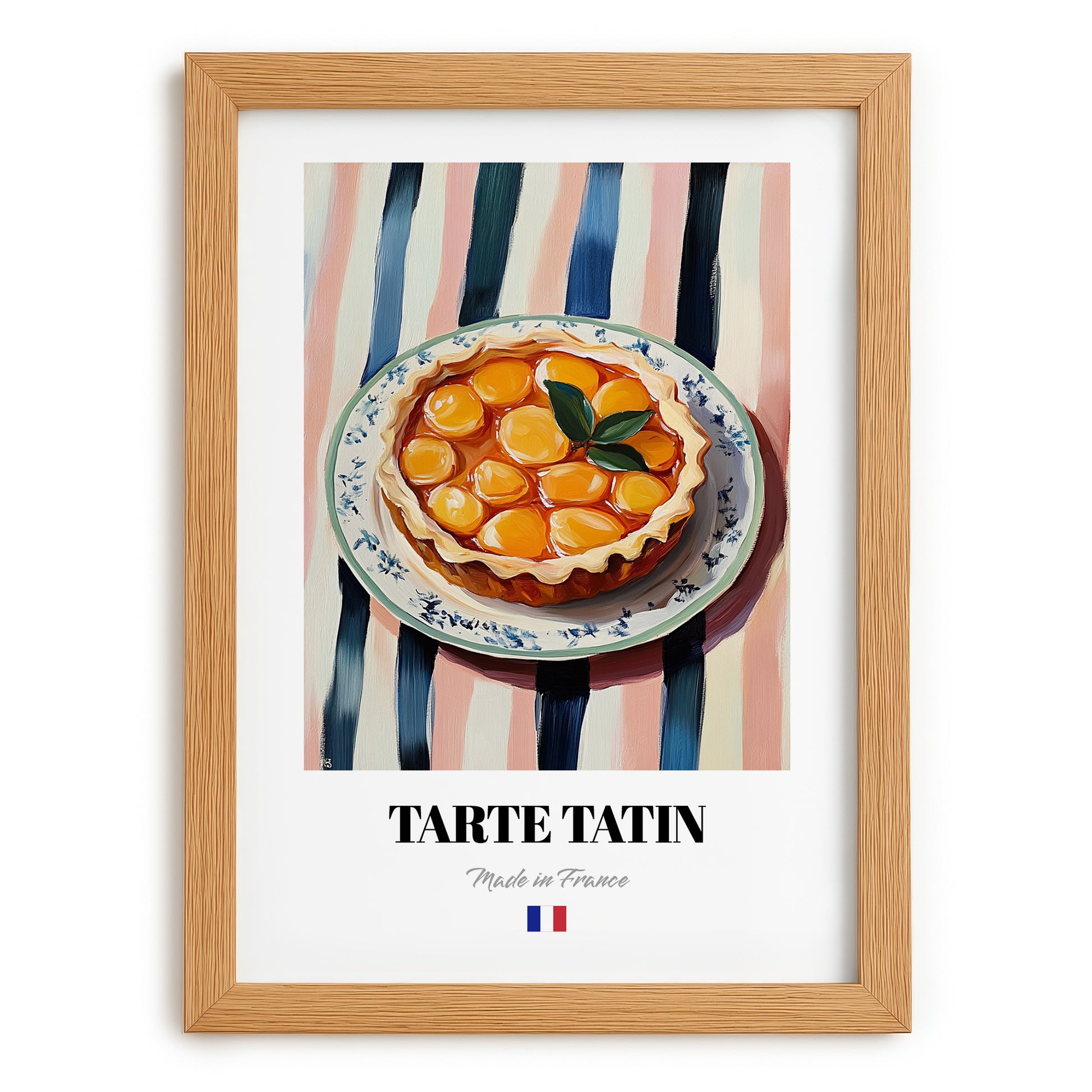 Tarte Tatin – on Striped Tablecloth, French French Dessert Poster, set in oak frame