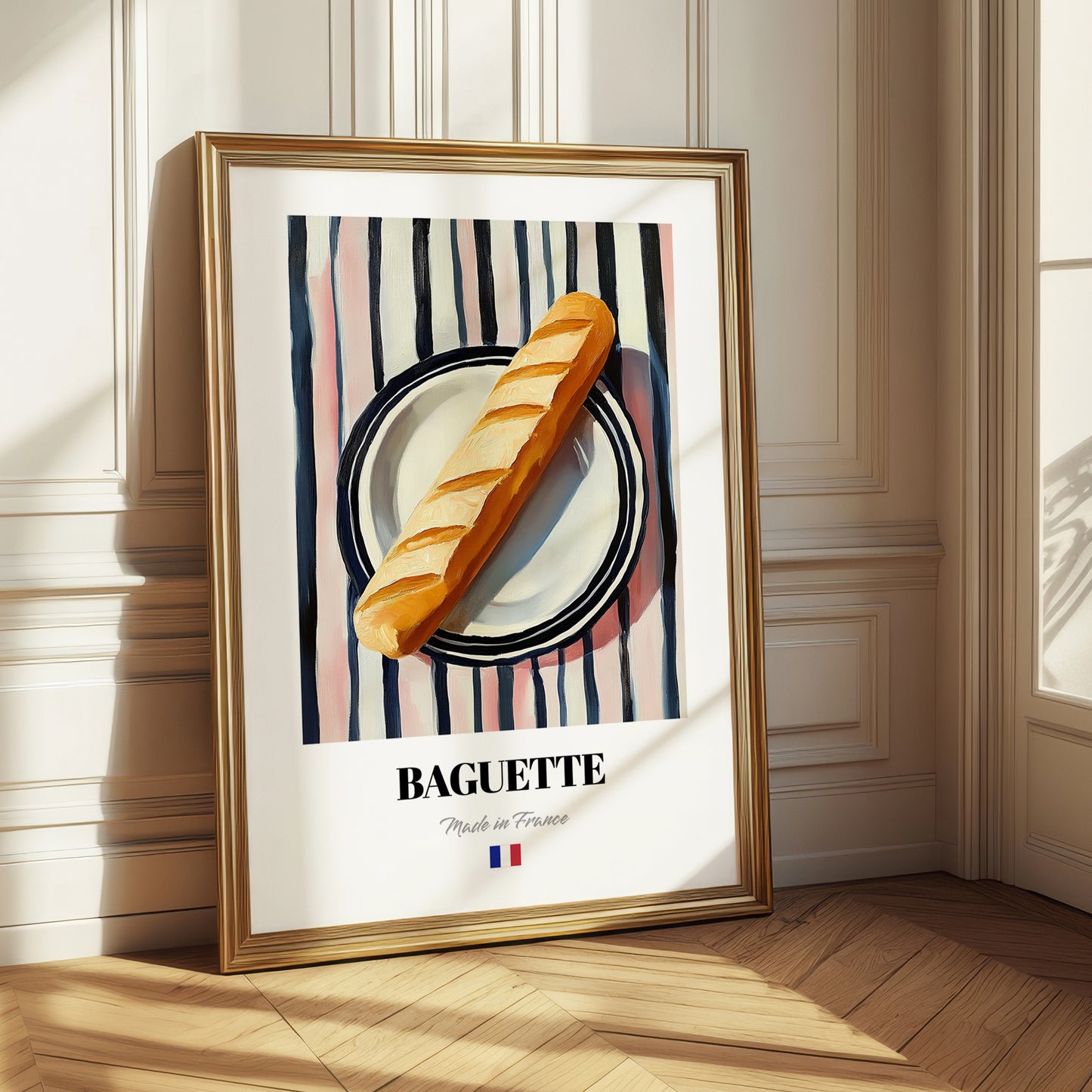 Baguette – on Striped Tablecloth, French Food Illustration