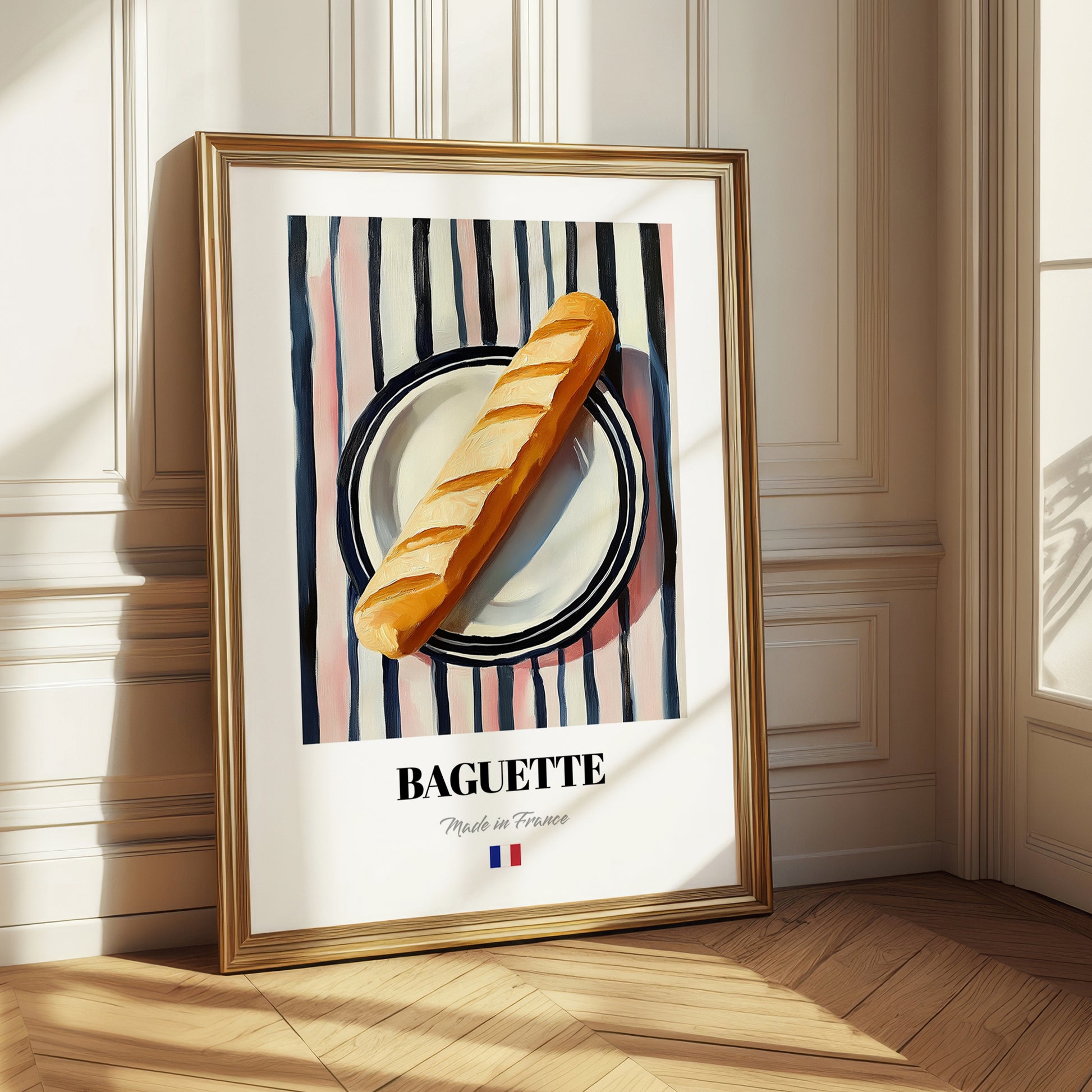 Baguette – on Striped Tablecloth, French Food Illustration