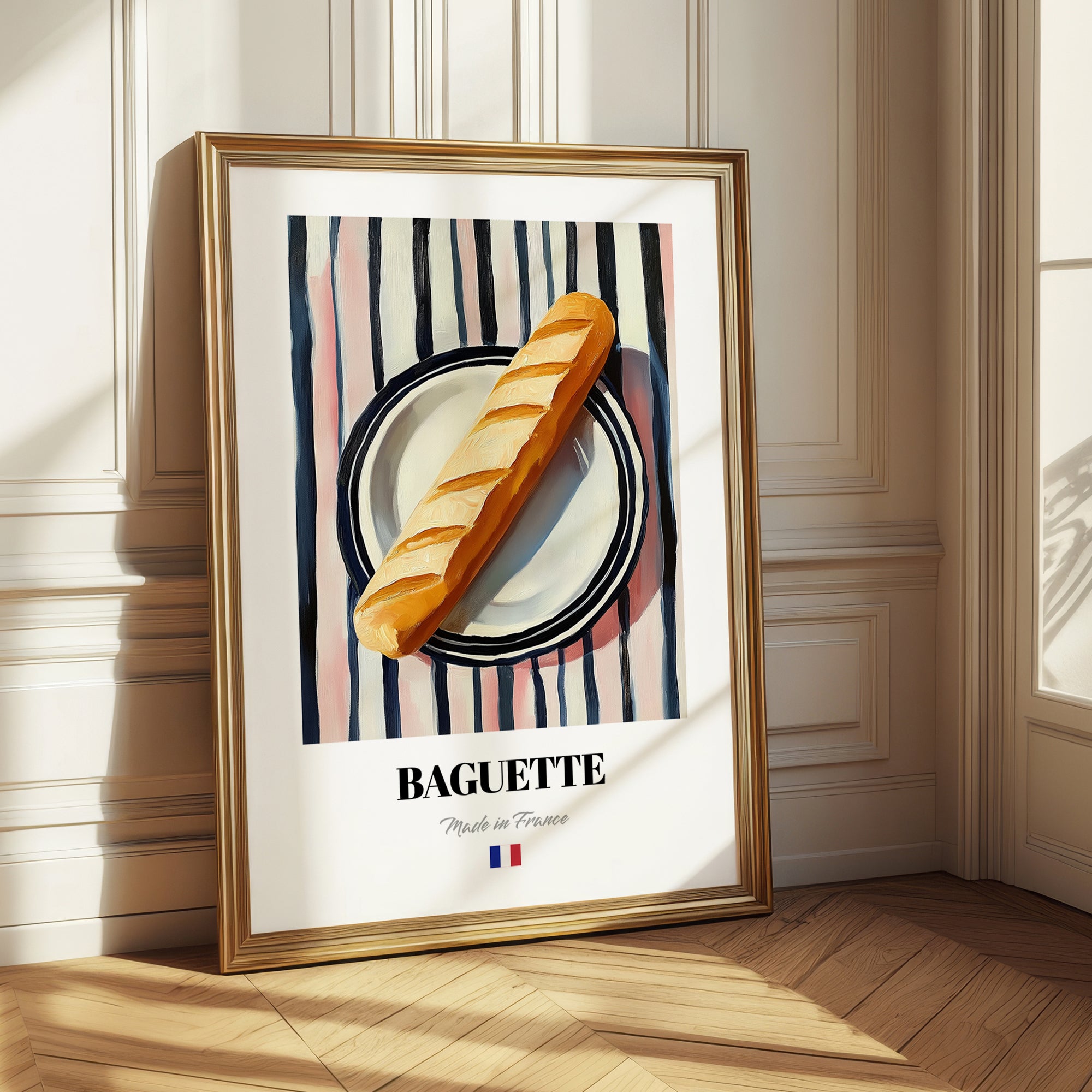 Baguette – on Striped Tablecloth, French Food Illustration
