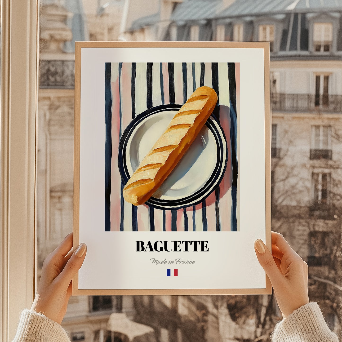 Baguette – on Striped Tablecloth, French Food Illustration, styled in a charming Paris street view