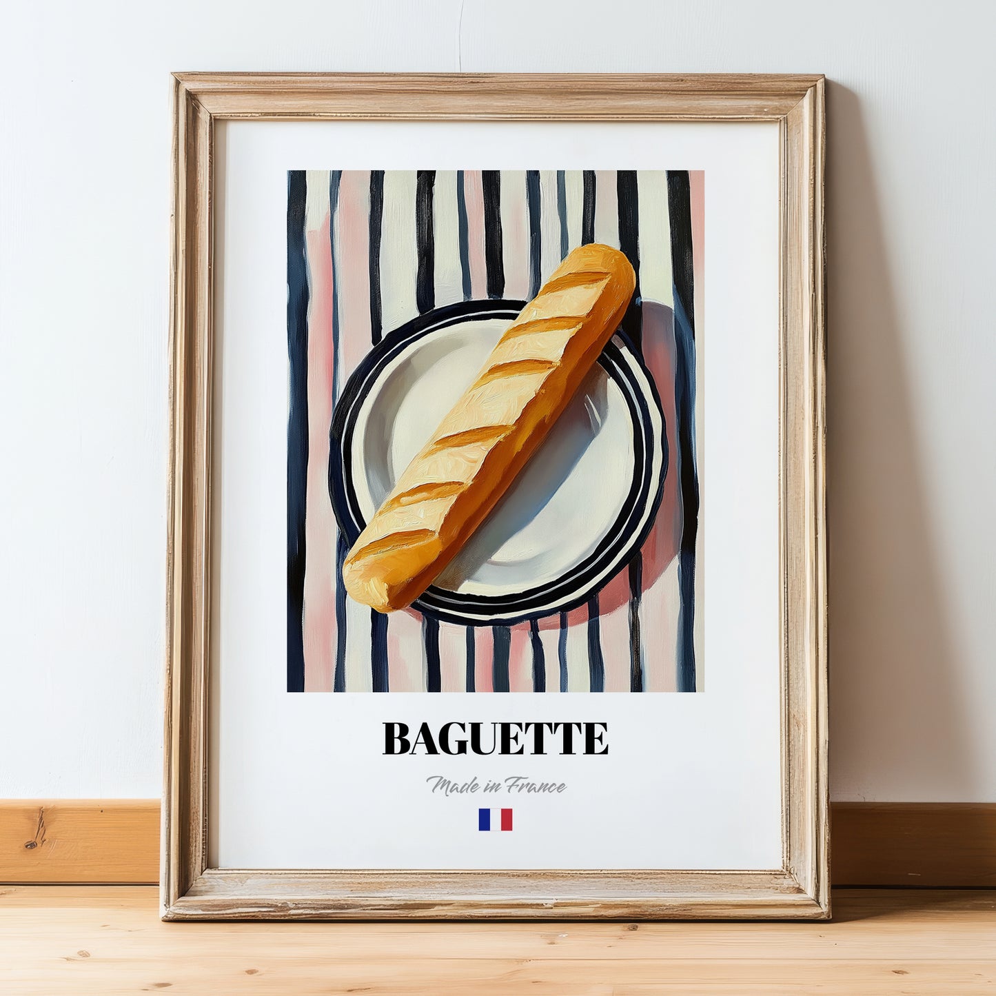 Baguette – on Striped Tablecloth, French Food Illustration, in wooden frame leaning on the floor