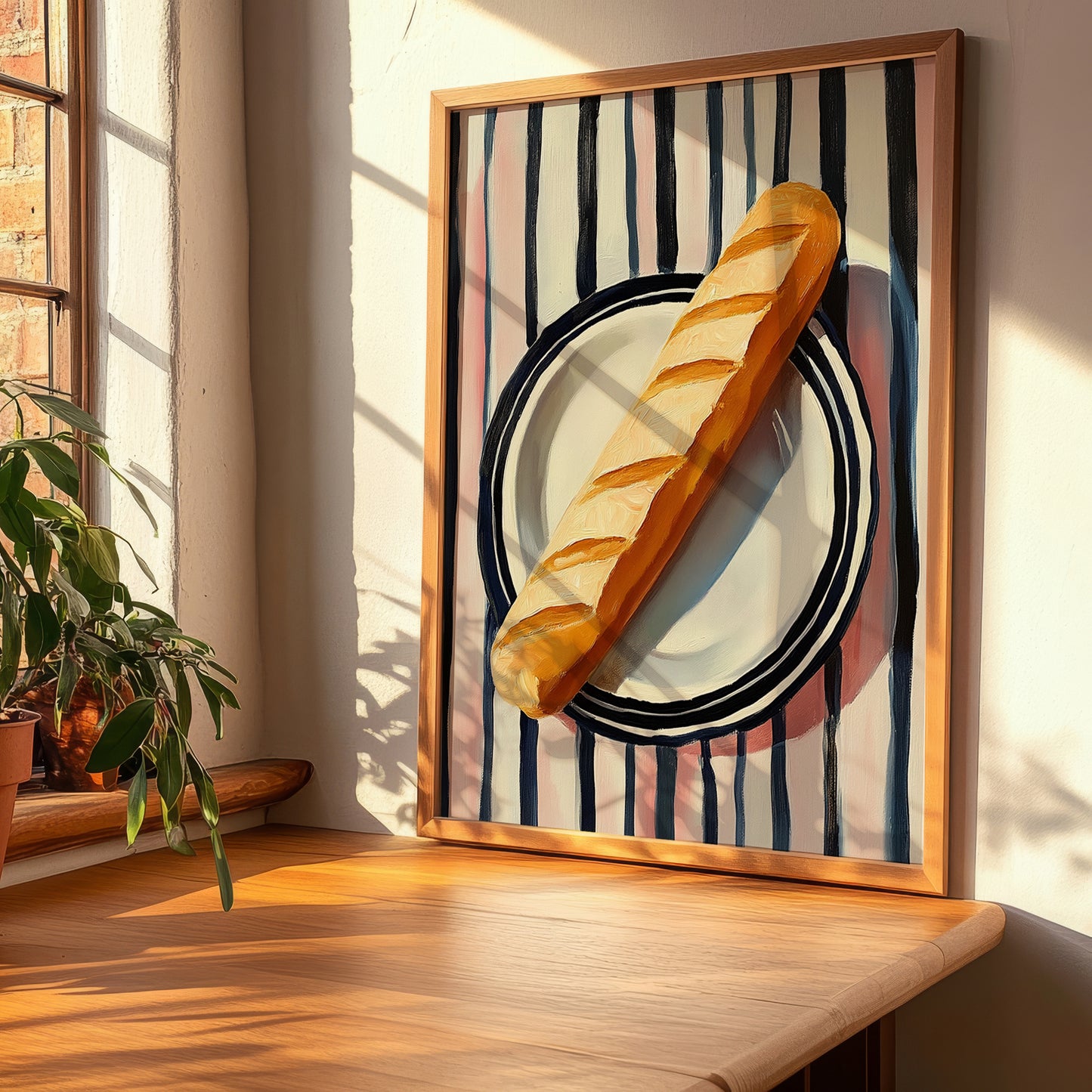 Baguette – on Striped Tablecloth, French Food Illustration, clean layout with no caption