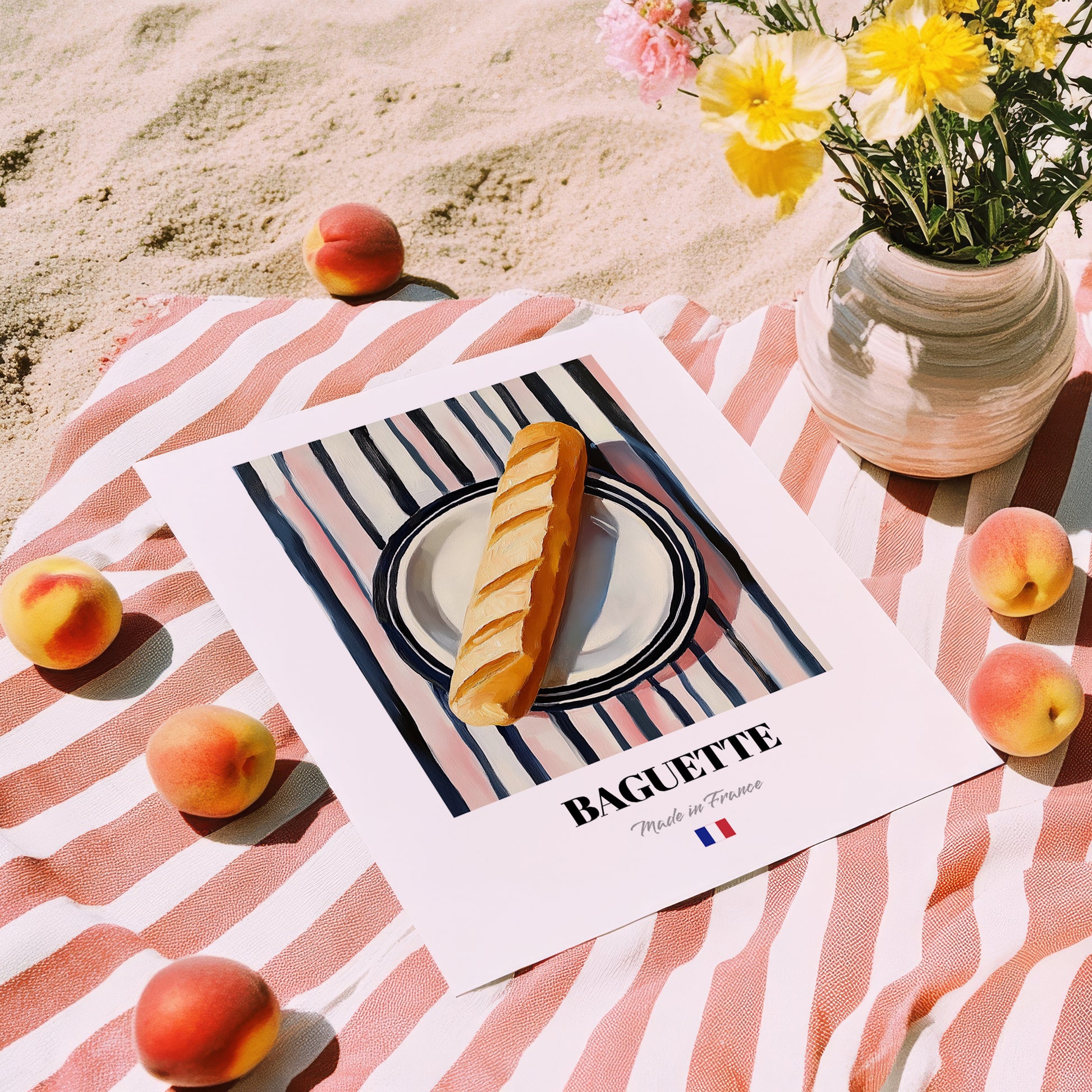Baguette – on Striped Tablecloth, French Food Illustration, unframed on coastal sand