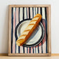 Baguette – on Striped Tablecloth, French Food Illustration, no-text version framed in wood