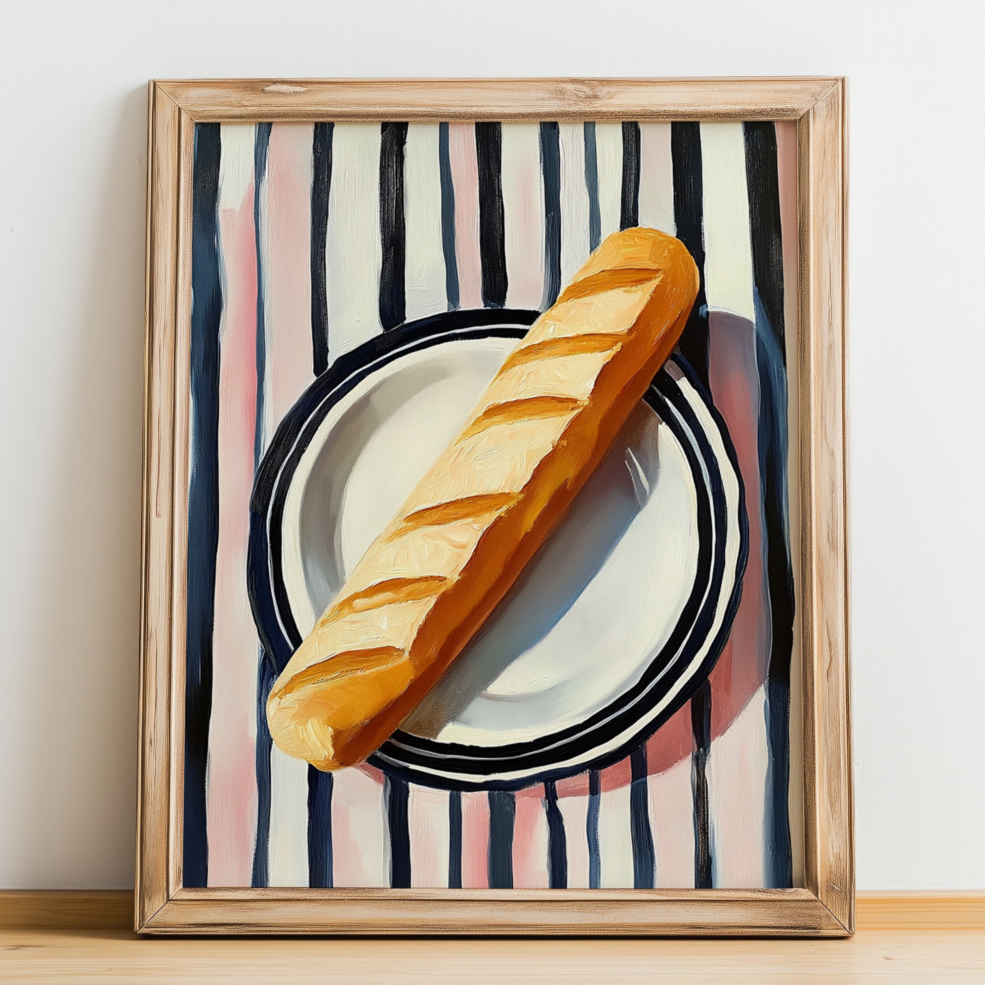 Baguette – on Striped Tablecloth, French Food Illustration, no-text version framed in wood
