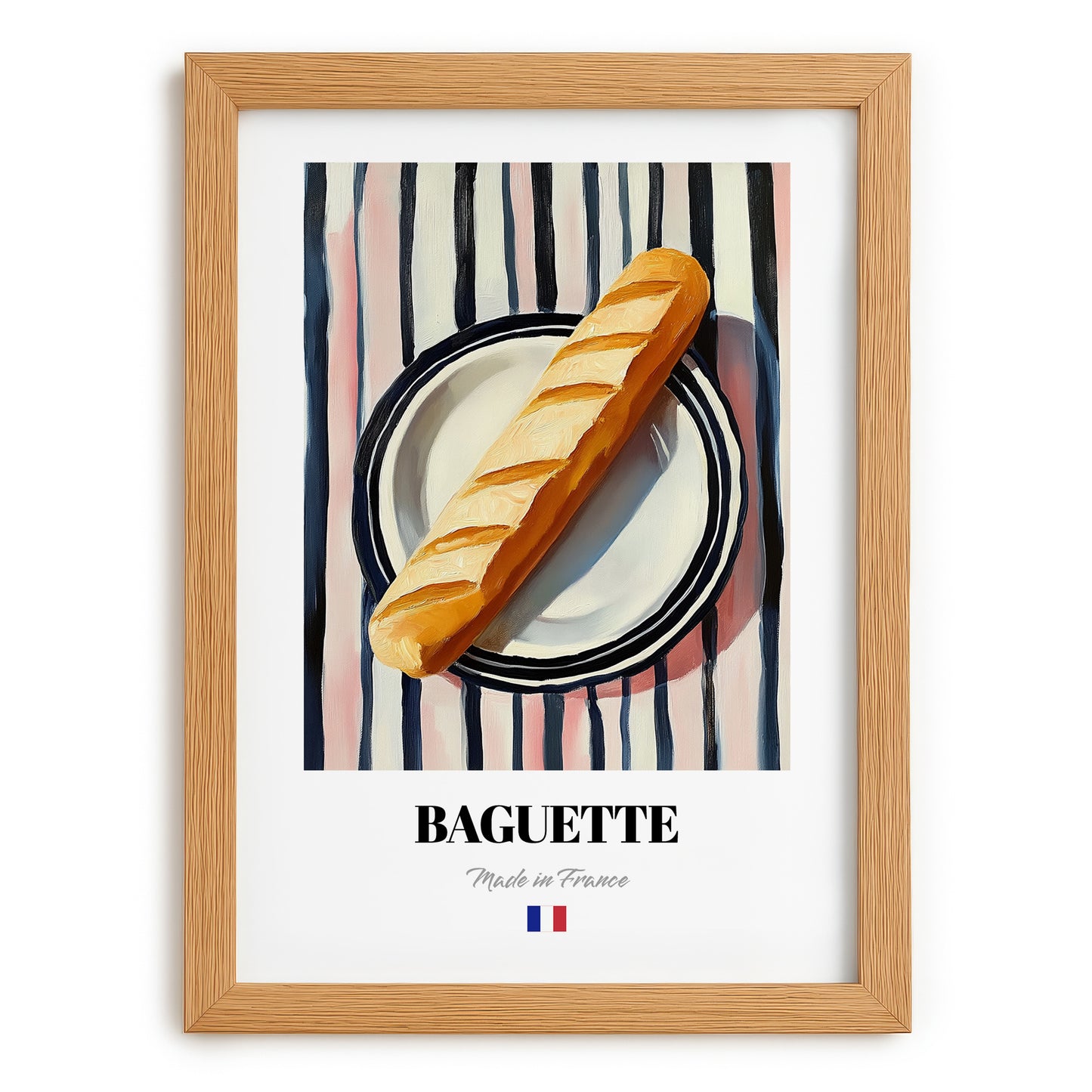 Baguette – on Striped Tablecloth, French Food Illustration, set in oak frame