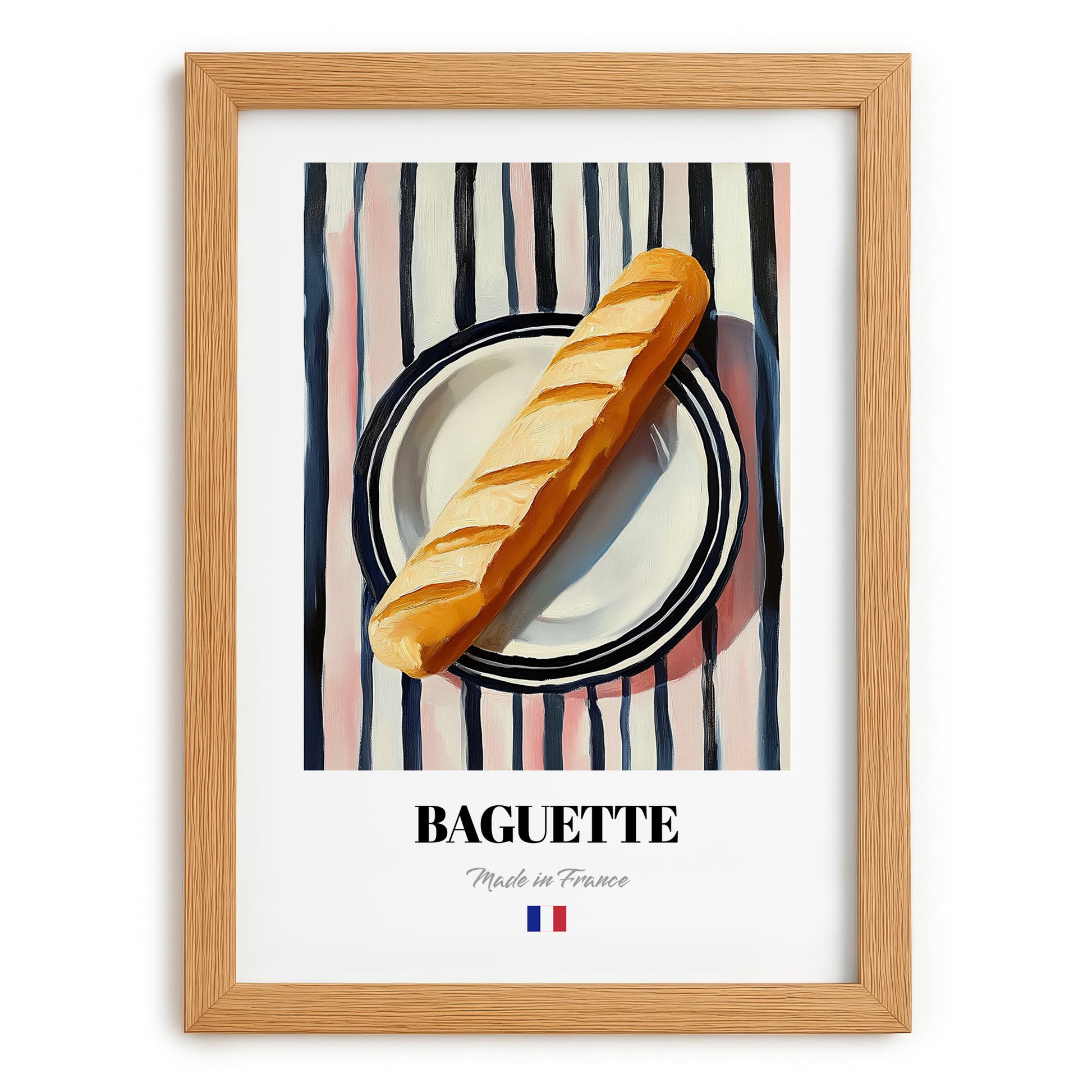Baguette – on Striped Tablecloth, French Food Illustration, set in oak frame