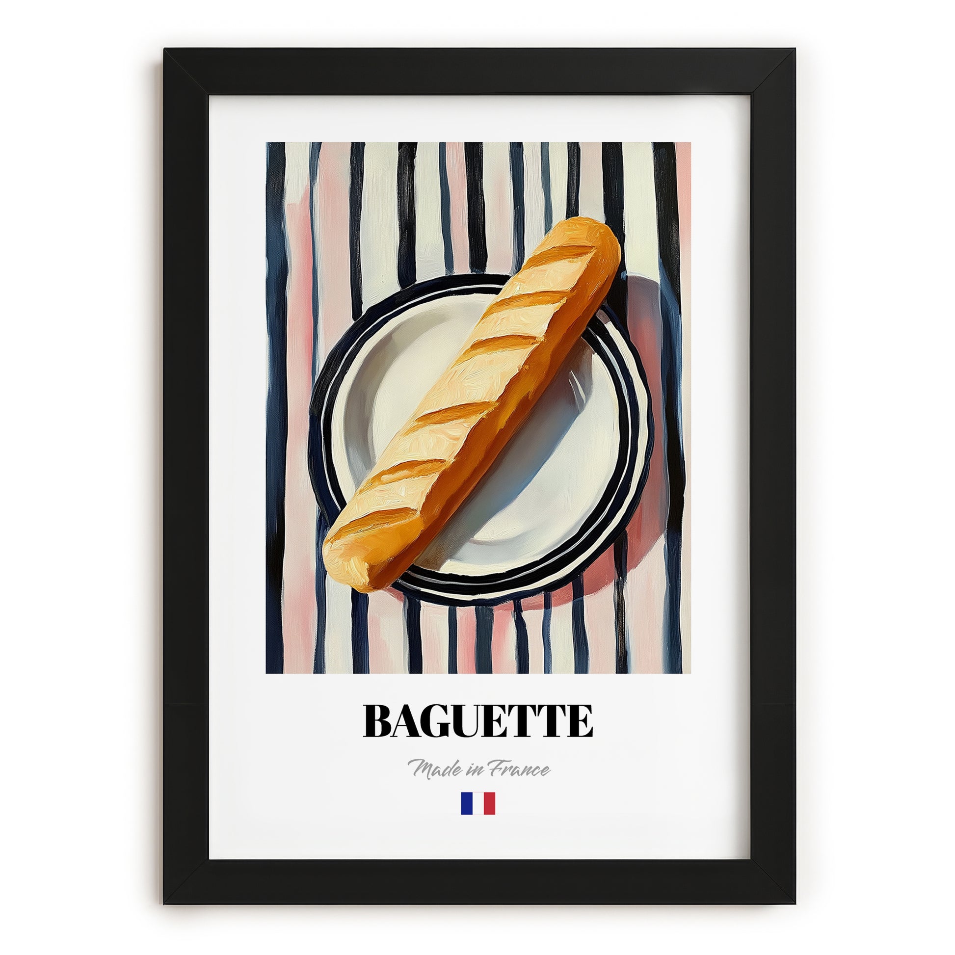 Baguette – on Striped Tablecloth, French Food Illustration, in sleek black frame